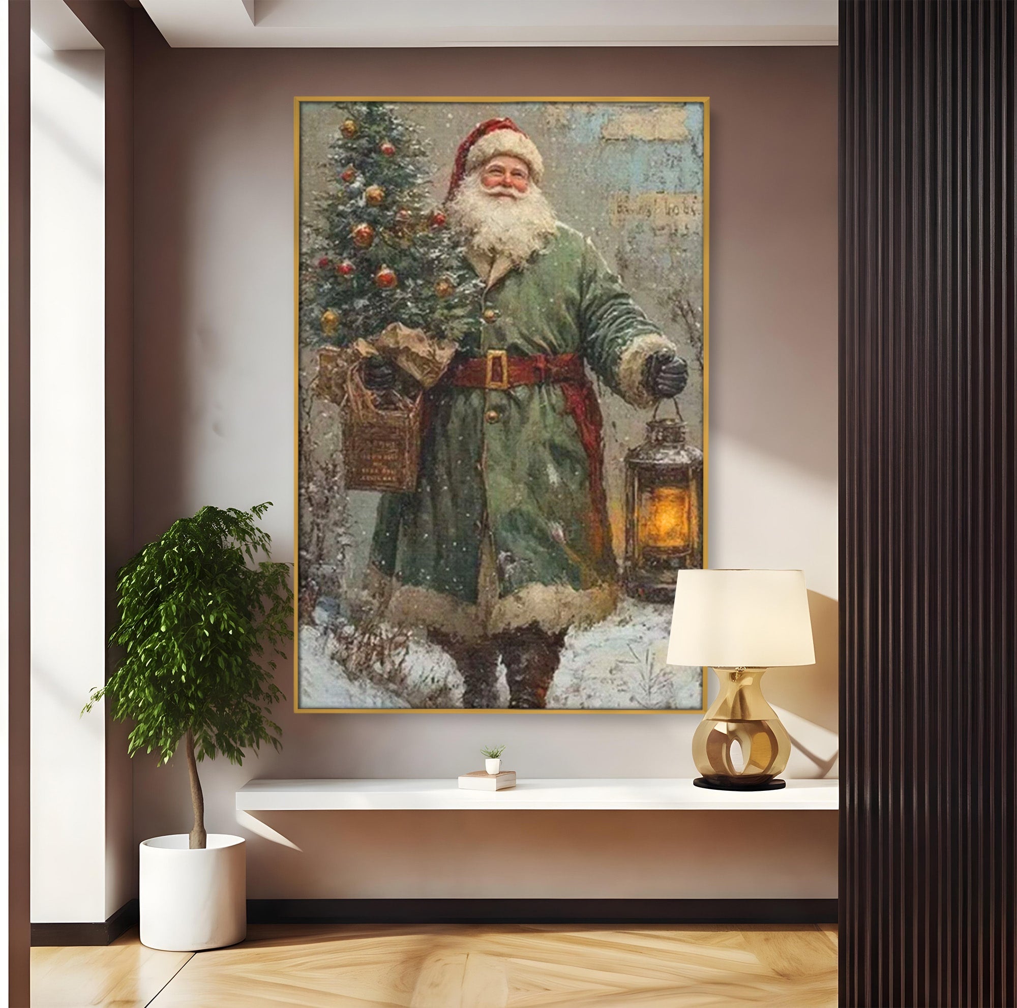 Tablou Canvas Premium LuxCanva® PI1086, Mos Craciun Cu Felinar, Santa, Iarna, Brad, Sarbatori, Nostalgie, Living, Dormitor, Culori Vibrante