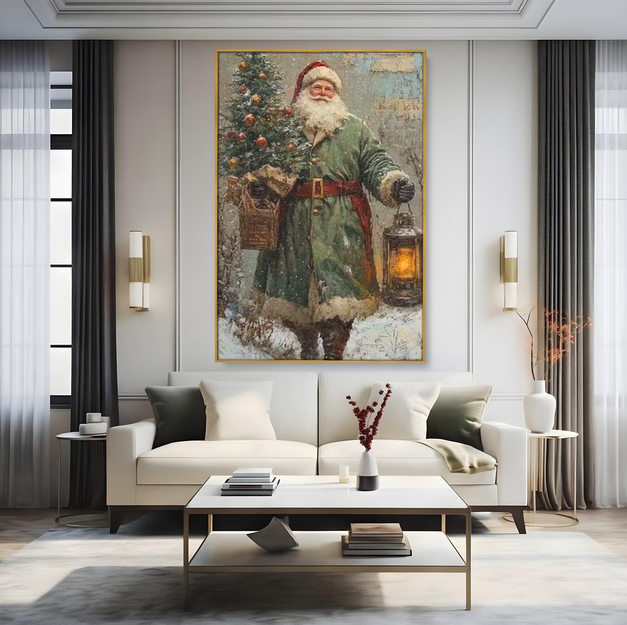 Tablou Canvas Premium LuxCanva® PI1086, Mos Craciun Cu Felinar, Santa, Iarna, Brad, Sarbatori, Nostalgie, Living, Dormitor, Culori Vibrante