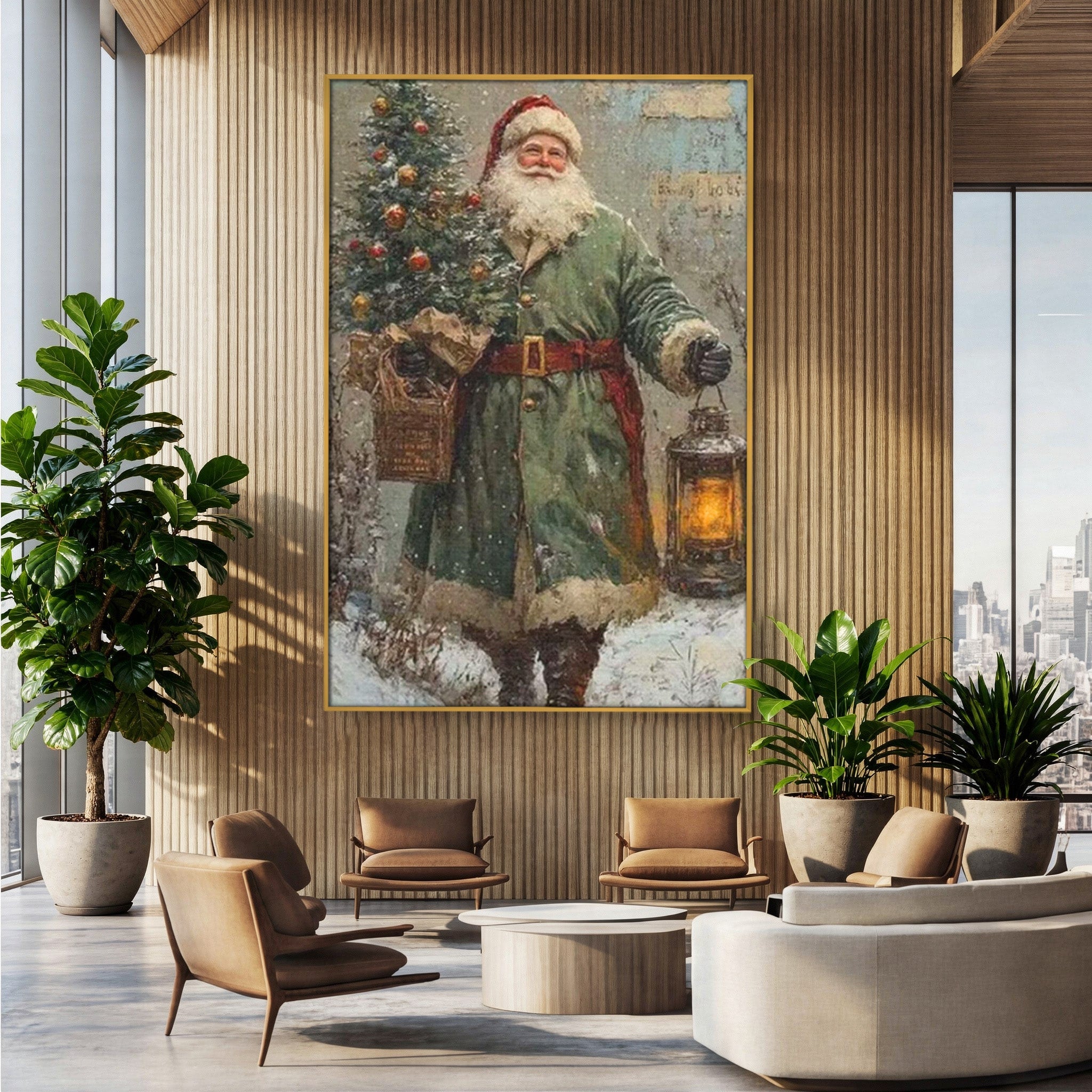 Tablou Canvas Premium LuxCanva® PI1086, Mos Craciun Cu Felinar, Santa, Iarna, Brad, Sarbatori, Nostalgie, Living, Dormitor, Culori Vibrante