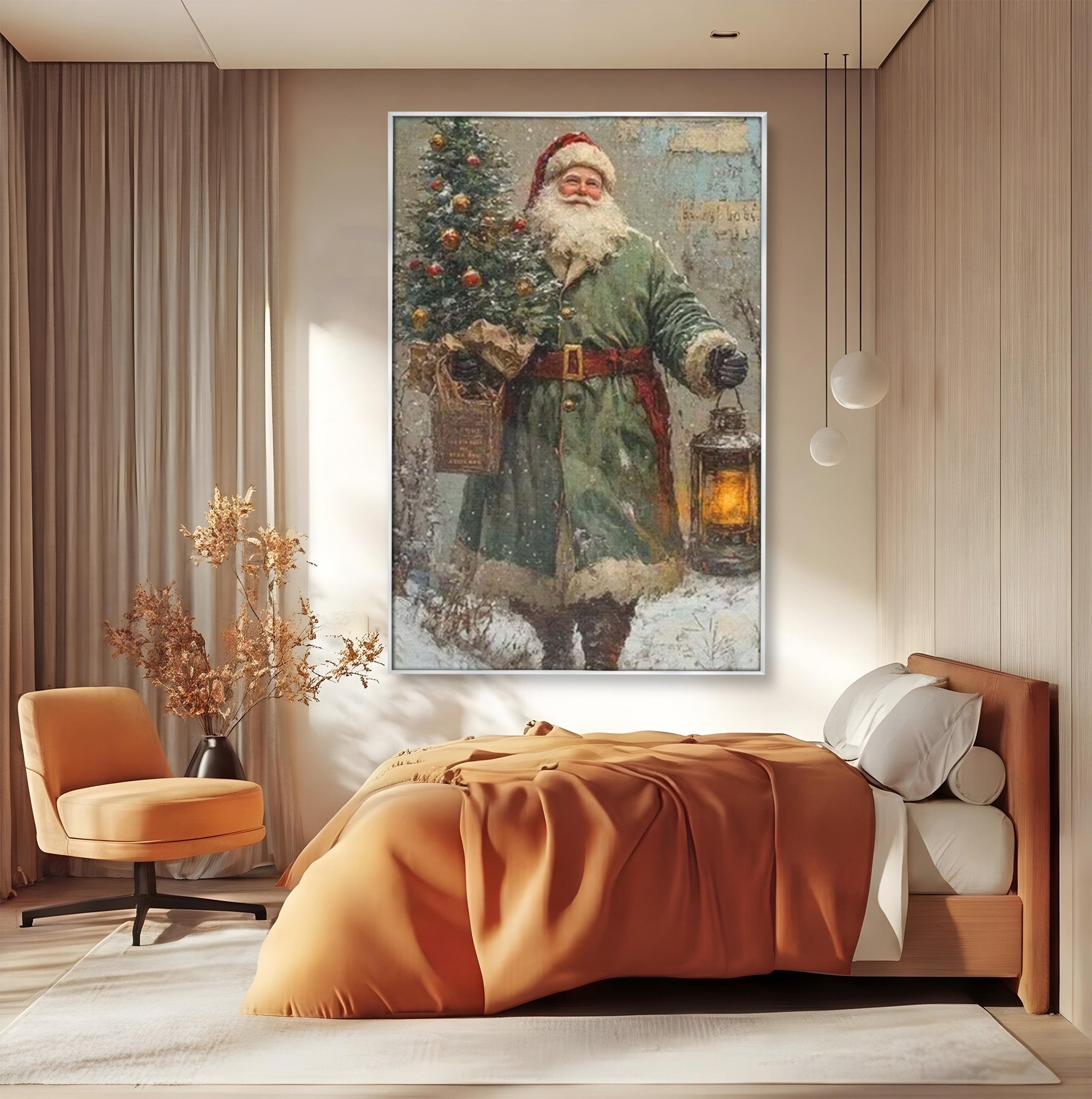 Tablou Canvas Premium LuxCanva® PI1086, Mos Craciun Cu Felinar, Santa, Iarna, Brad, Sarbatori, Nostalgie, Living, Dormitor, Culori Vibrante