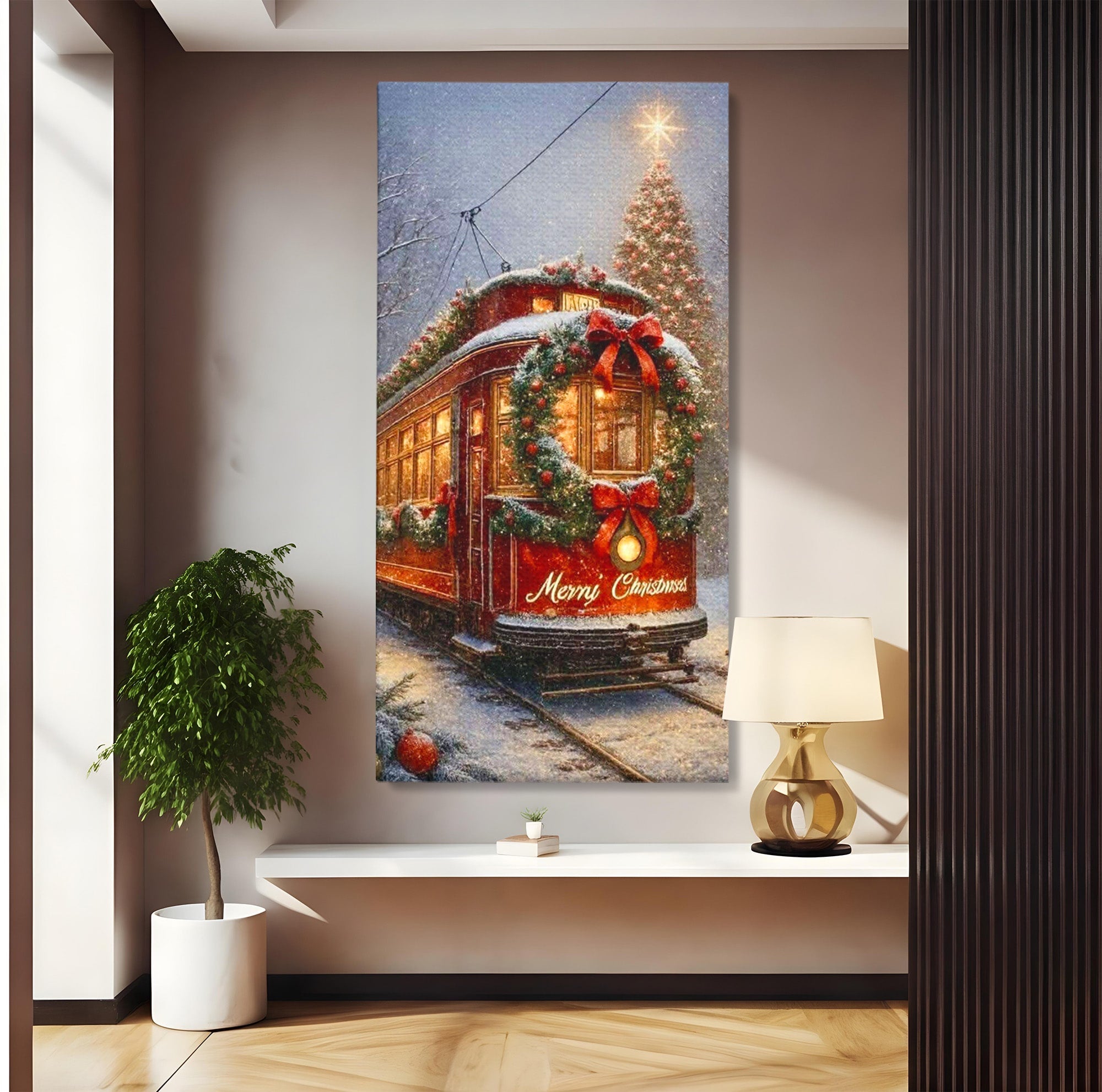 Tablou Canvas Premium LuxCanva® PI1088, Tramvaiul De Craciun, Calatorie, Craciun, Iarna, Decoratiuni, Living, Culori Vibrante