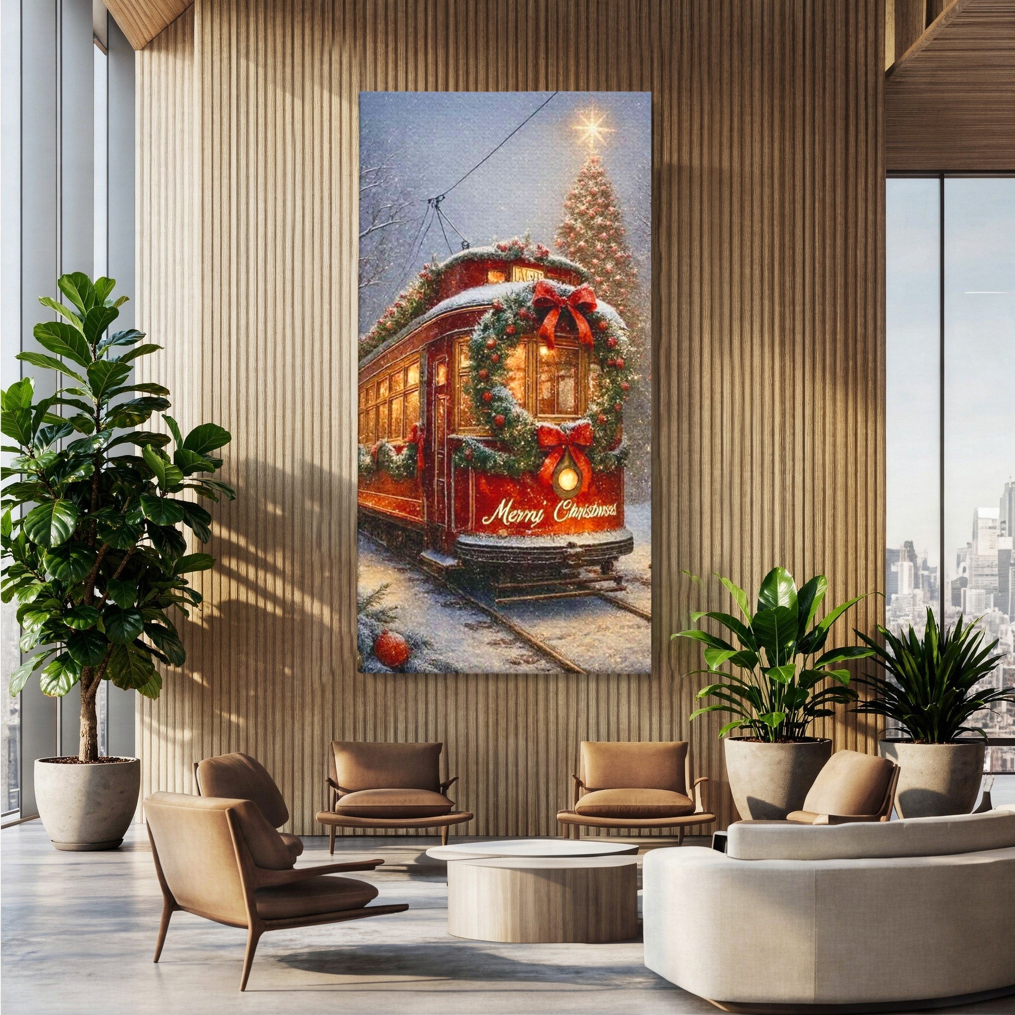 Tablou Canvas Premium LuxCanva® PI1088, Tramvaiul De Craciun, Calatorie, Craciun, Iarna, Decoratiuni, Living, Culori Vibrante