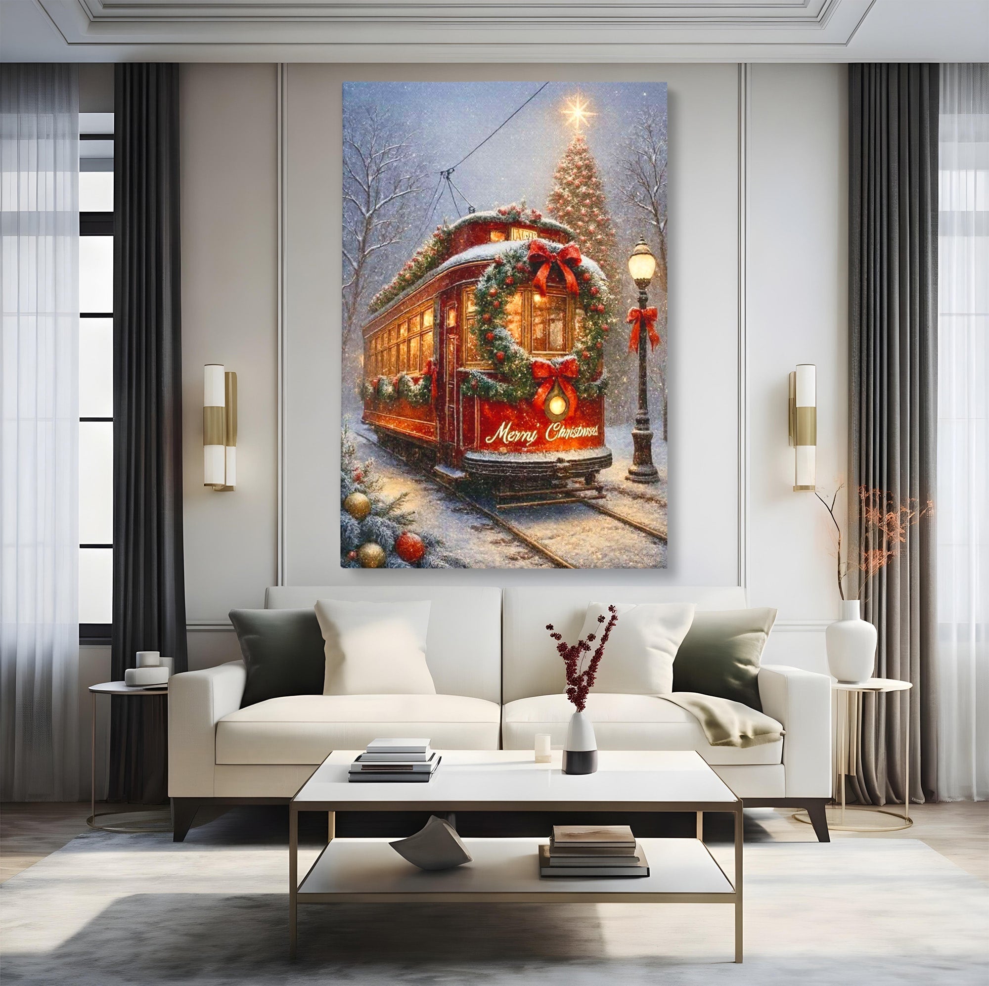Tablou Canvas Premium LuxCanva® PI1088, Tramvaiul De Craciun, Calatorie, Craciun, Iarna, Decoratiuni, Living, Culori Vibrante