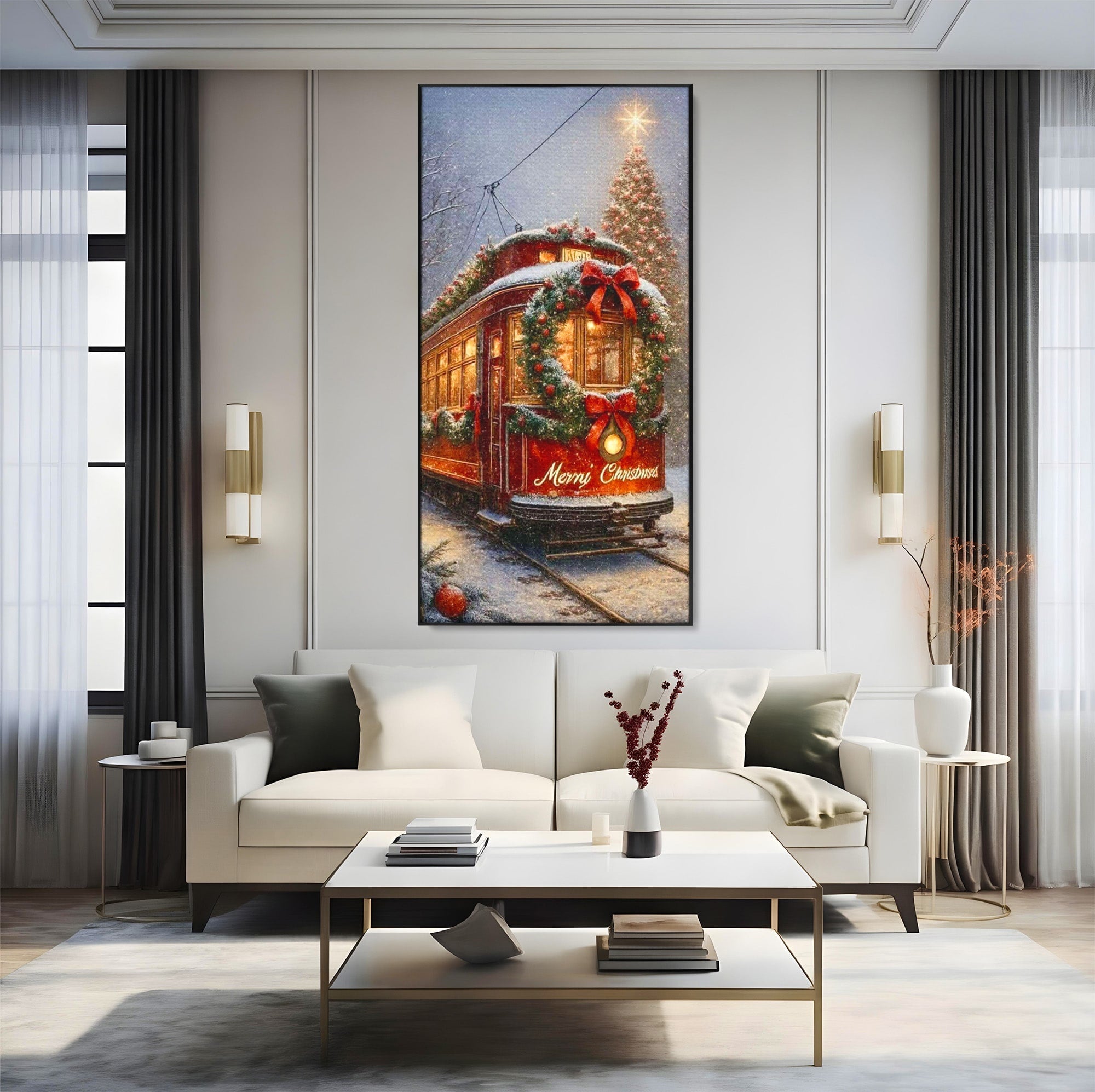 Tablou Canvas Premium LuxCanva® PI1088, Tramvaiul De Craciun, Calatorie, Craciun, Iarna, Decoratiuni, Living, Culori Vibrante