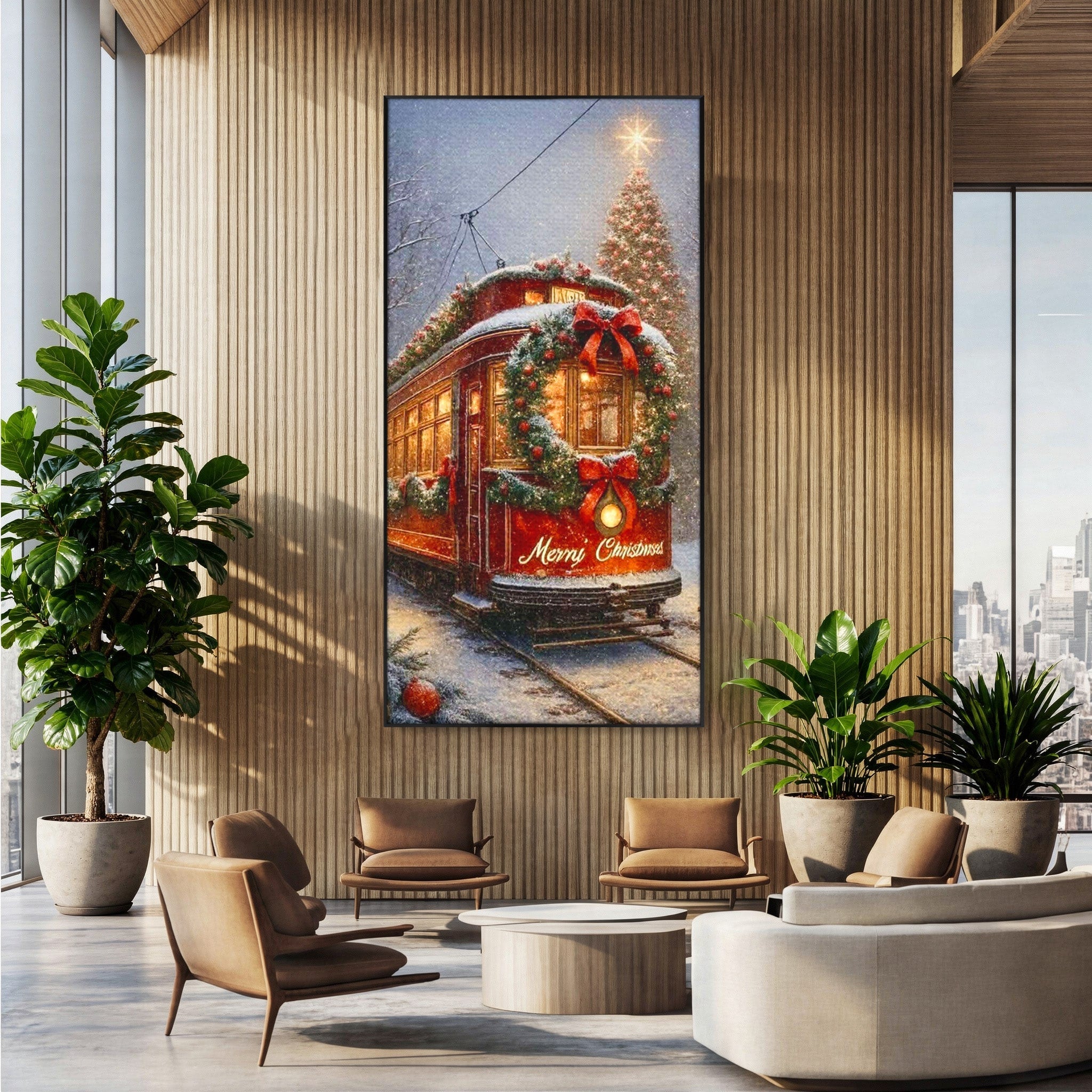 Tablou Canvas Premium LuxCanva® PI1088, Tramvaiul De Craciun, Calatorie, Craciun, Iarna, Decoratiuni, Living, Culori Vibrante