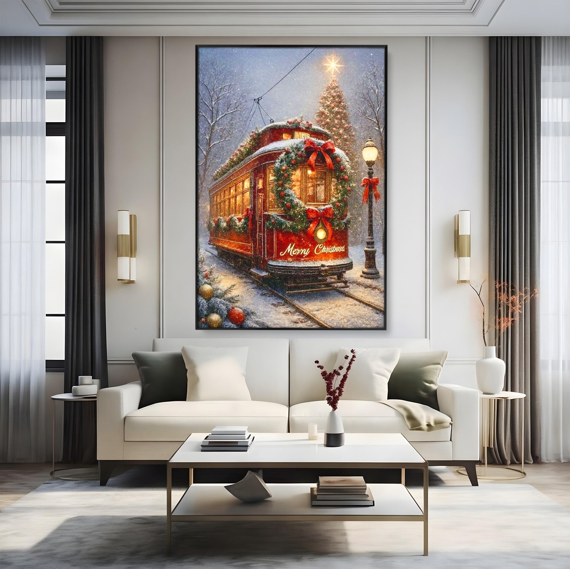 Tablou Canvas Premium LuxCanva® PI1088, Tramvaiul De Craciun, Calatorie, Craciun, Iarna, Decoratiuni, Living, Culori Vibrante