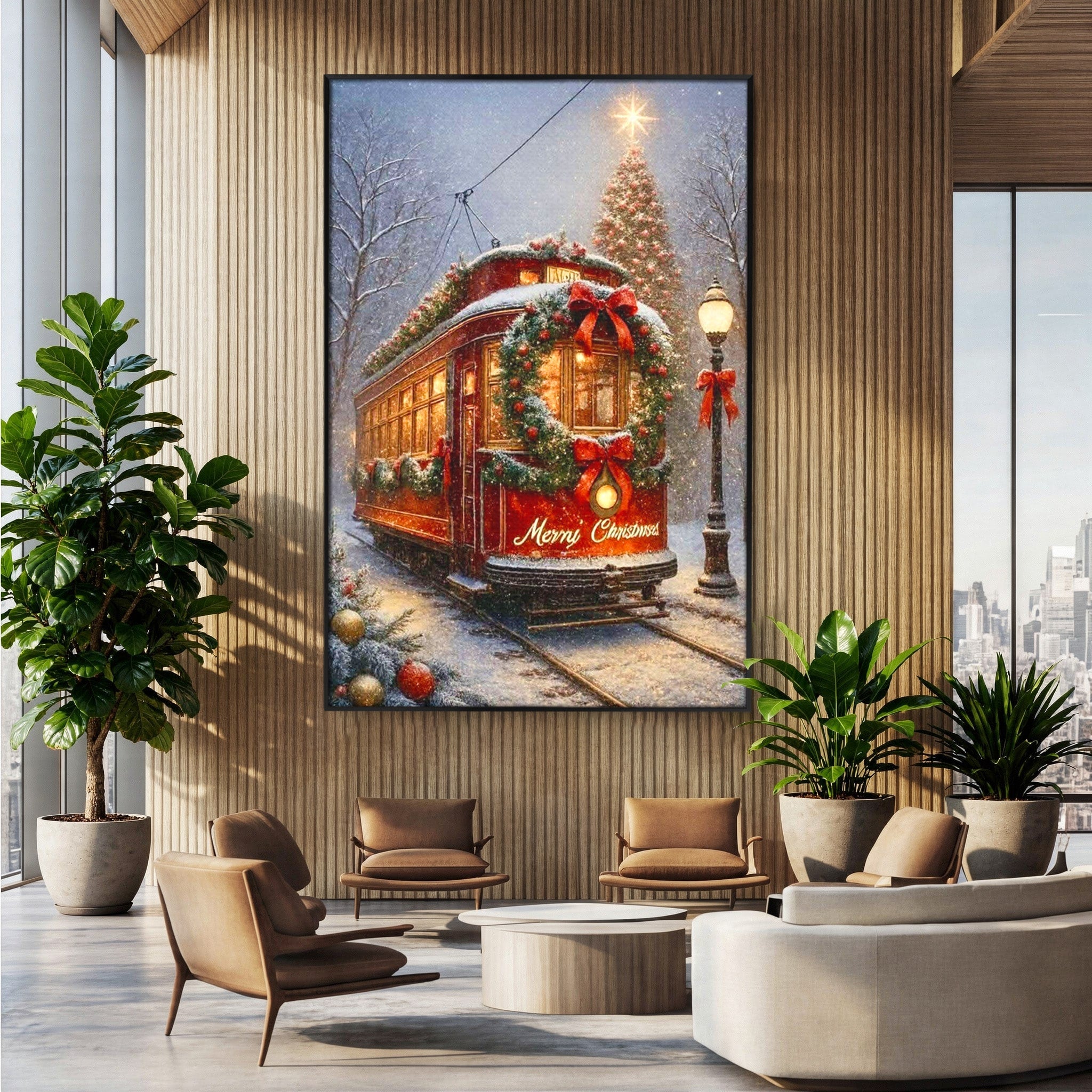 Tablou Canvas Premium LuxCanva® PI1088, Tramvaiul De Craciun, Calatorie, Craciun, Iarna, Decoratiuni, Living, Culori Vibrante