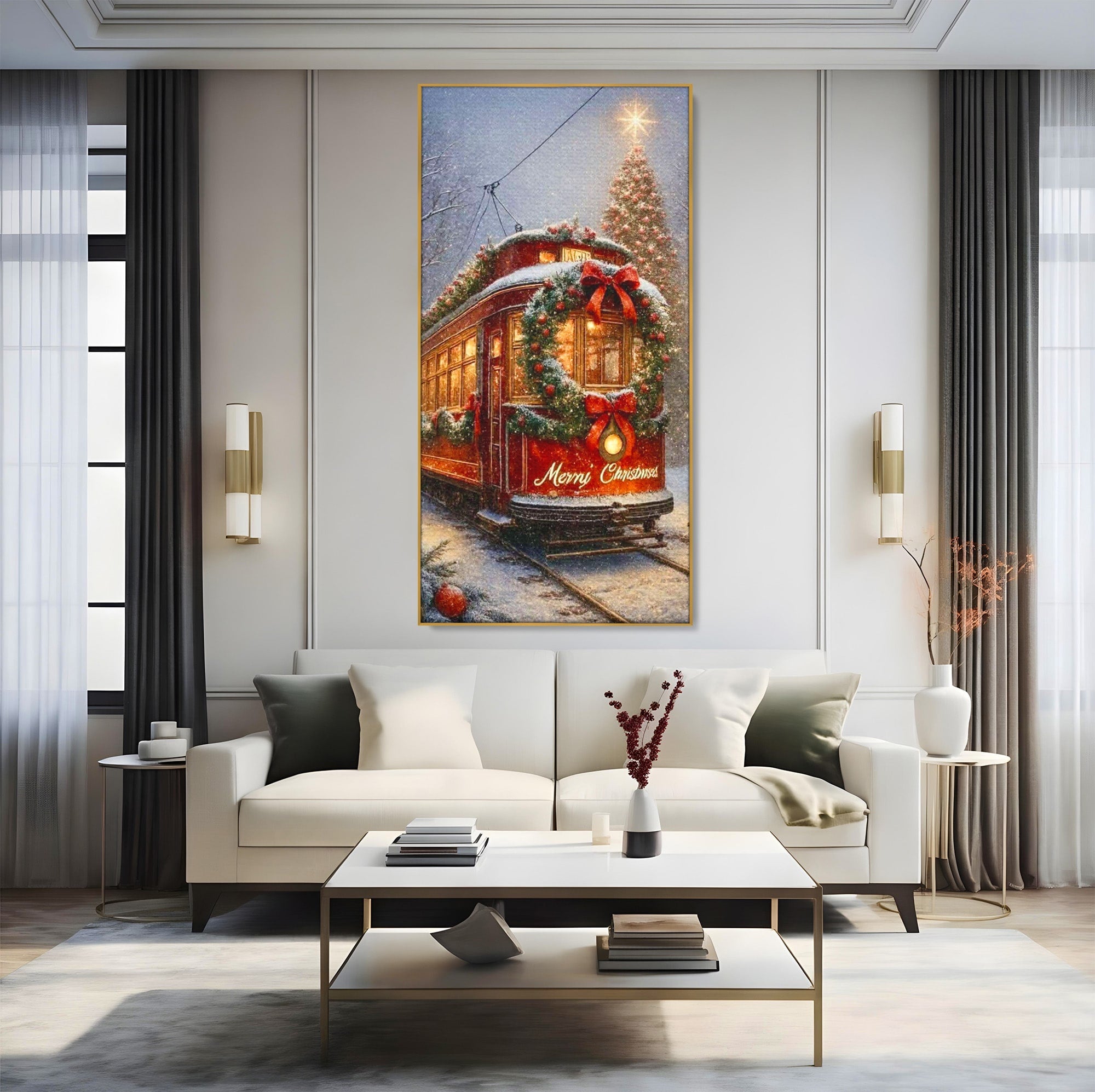 Tablou Canvas Premium LuxCanva® PI1088, Tramvaiul De Craciun, Calatorie, Craciun, Iarna, Decoratiuni, Living, Culori Vibrante