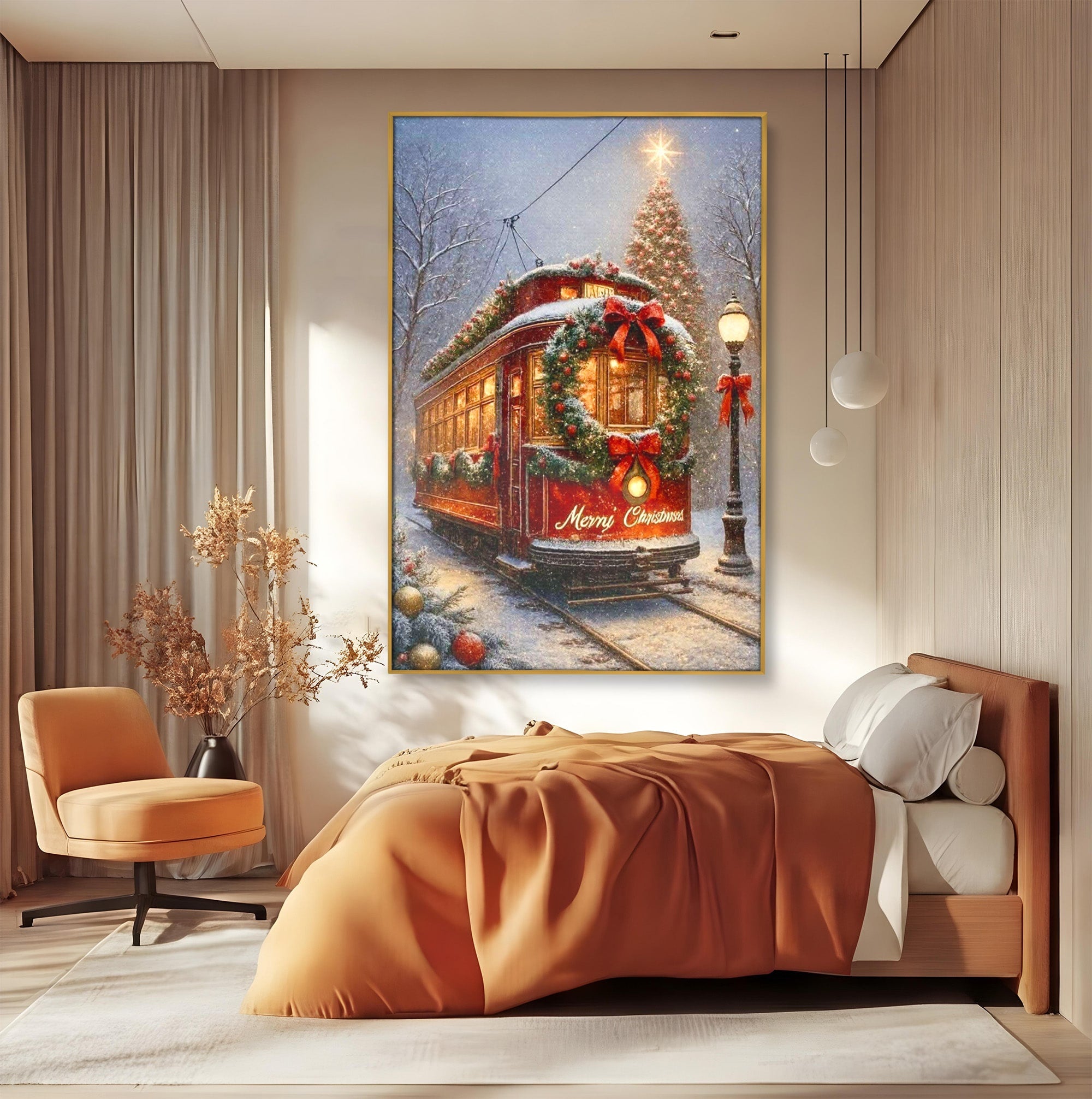 Tablou Canvas Premium LuxCanva® PI1088, Tramvaiul De Craciun, Calatorie, Craciun, Iarna, Decoratiuni, Living, Culori Vibrante