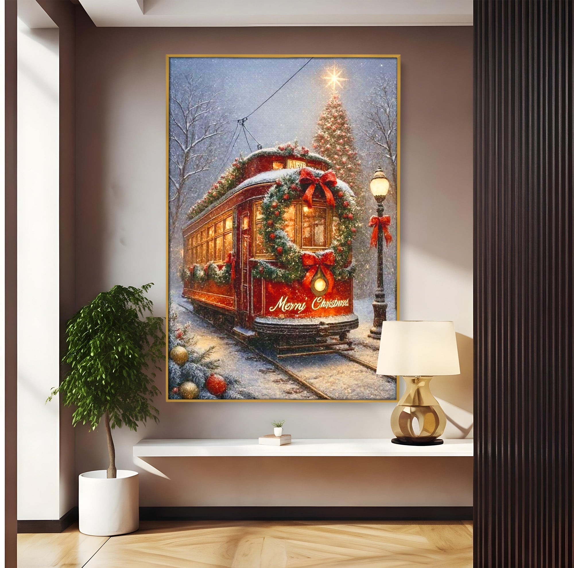 Tablou Canvas Premium LuxCanva® PI1088, Tramvaiul De Craciun, Calatorie, Craciun, Iarna, Decoratiuni, Living, Culori Vibrante