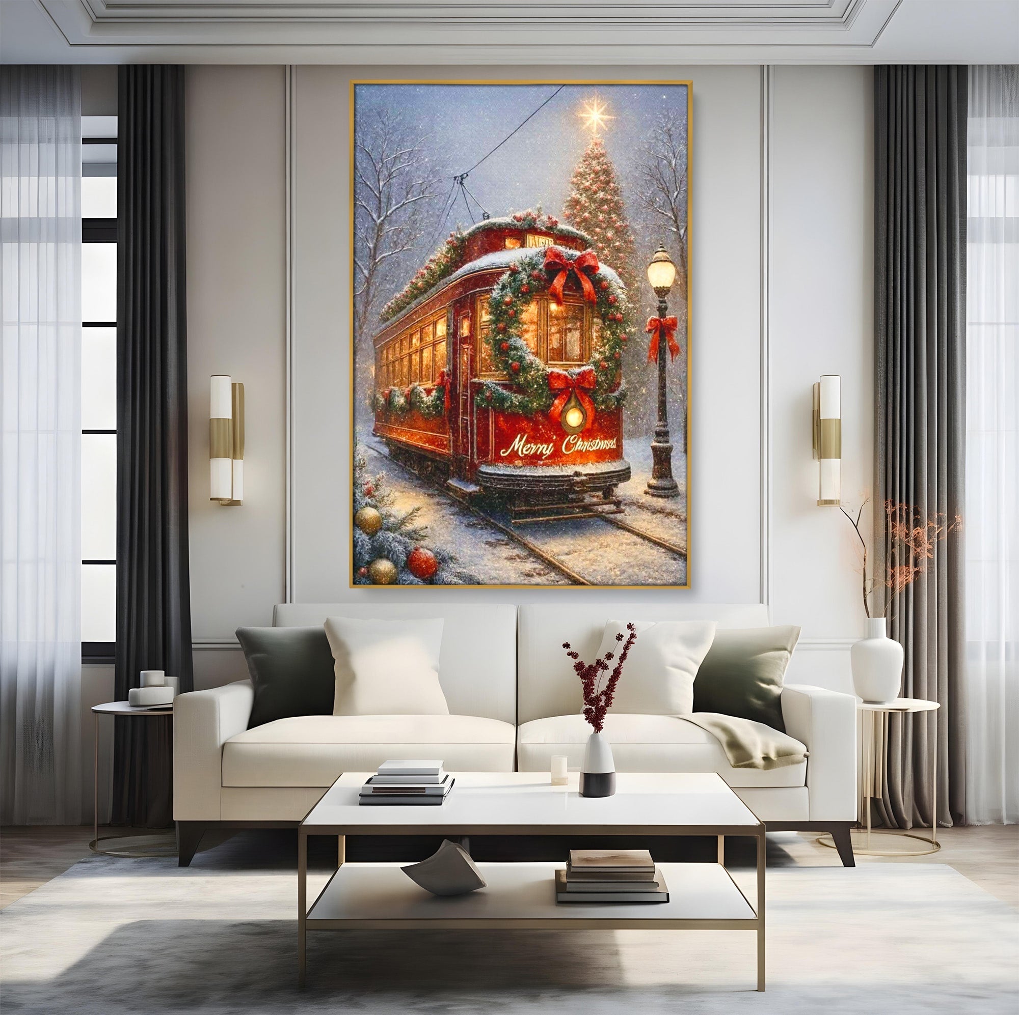 Tablou Canvas Premium LuxCanva® PI1088, Tramvaiul De Craciun, Calatorie, Craciun, Iarna, Decoratiuni, Living, Culori Vibrante
