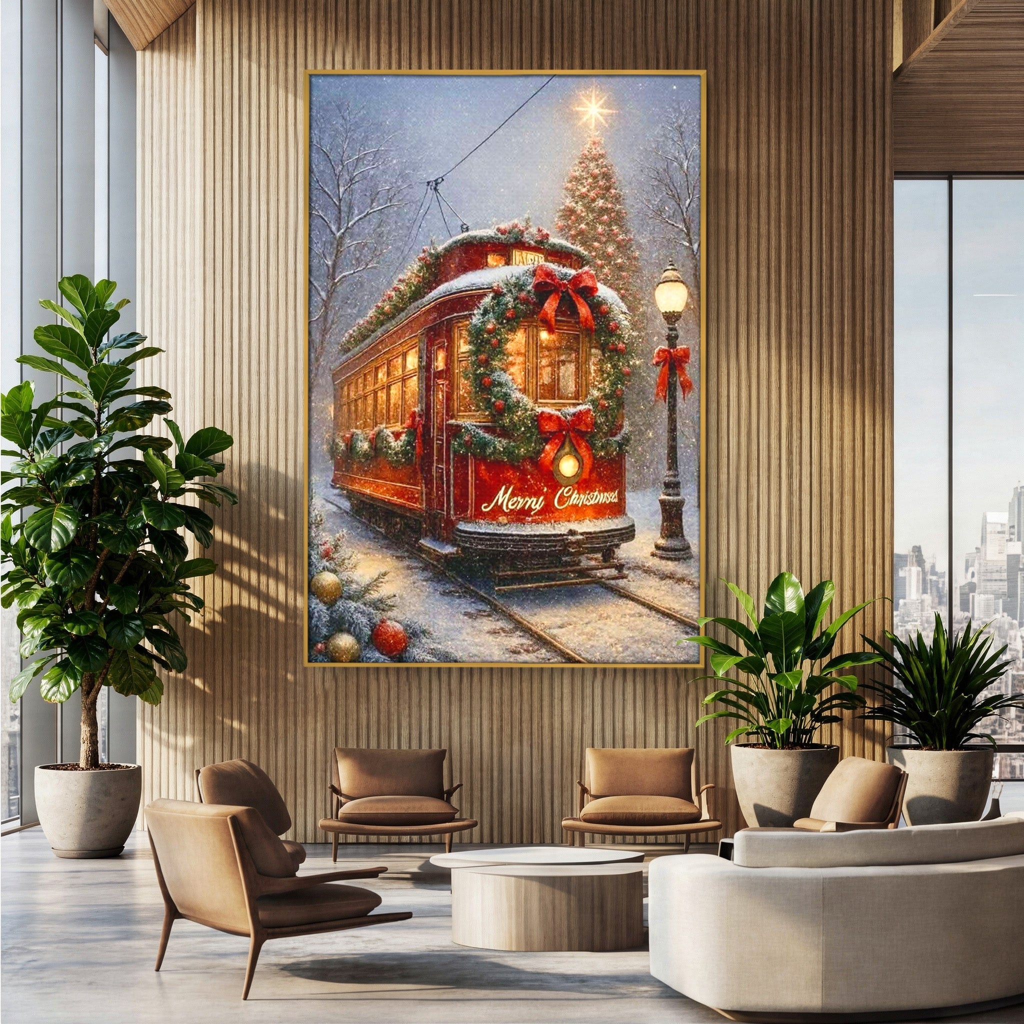 Tablou Canvas Premium LuxCanva® PI1088, Tramvaiul De Craciun, Calatorie, Craciun, Iarna, Decoratiuni, Living, Culori Vibrante