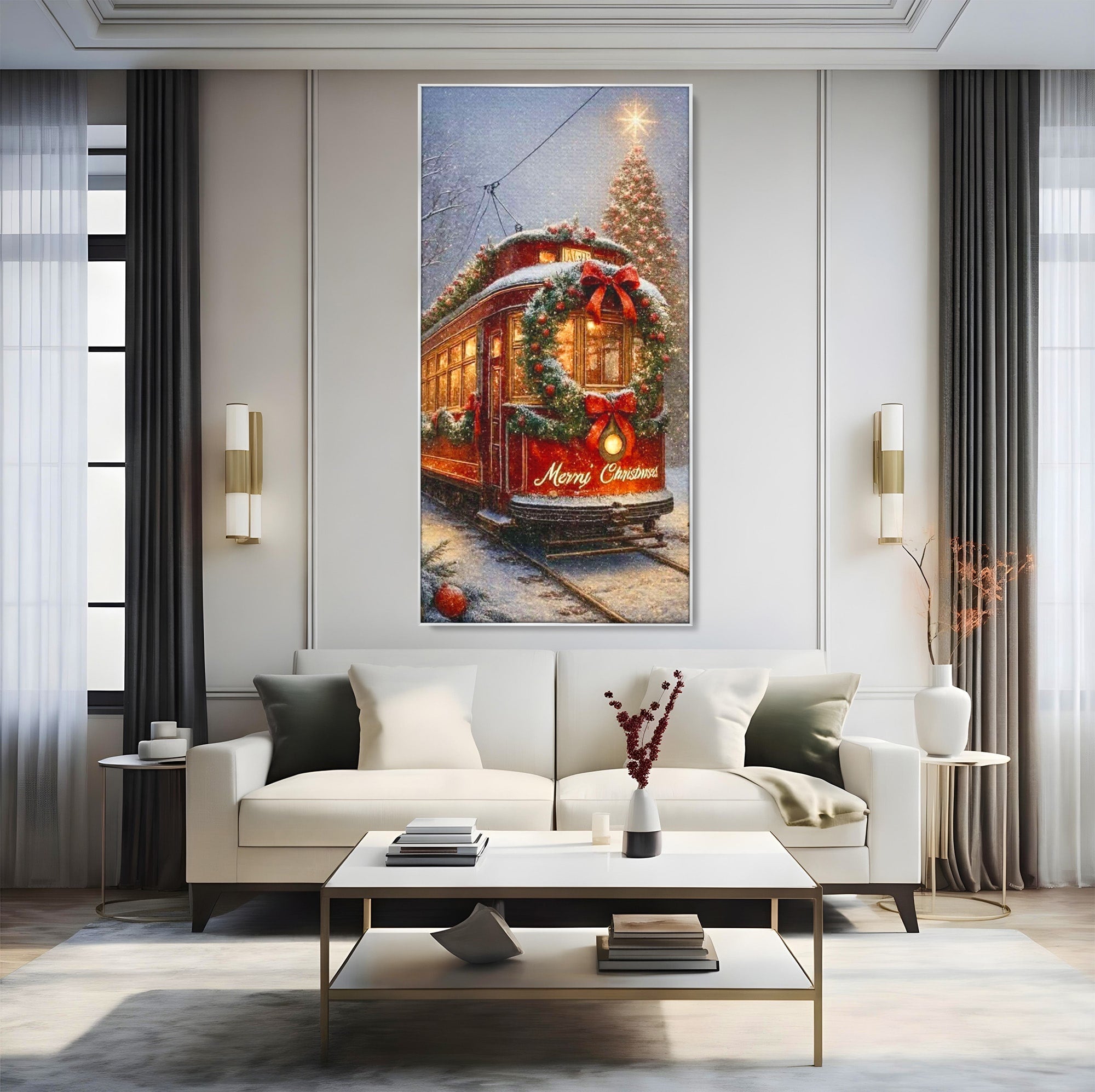 Tablou Canvas Premium LuxCanva® PI1088, Tramvaiul De Craciun, Calatorie, Craciun, Iarna, Decoratiuni, Living, Culori Vibrante