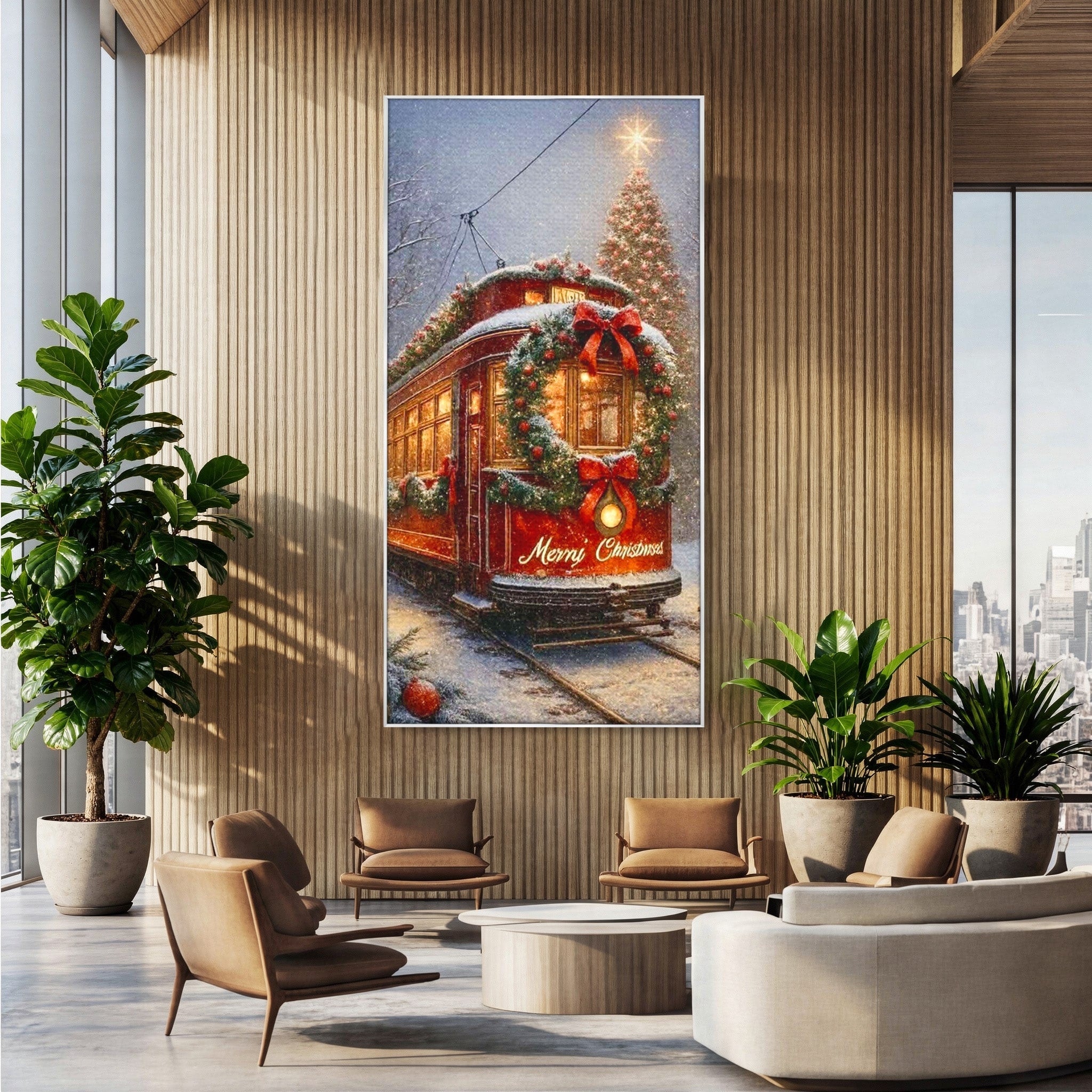 Tablou Canvas Premium LuxCanva® PI1088, Tramvaiul De Craciun, Calatorie, Craciun, Iarna, Decoratiuni, Living, Culori Vibrante