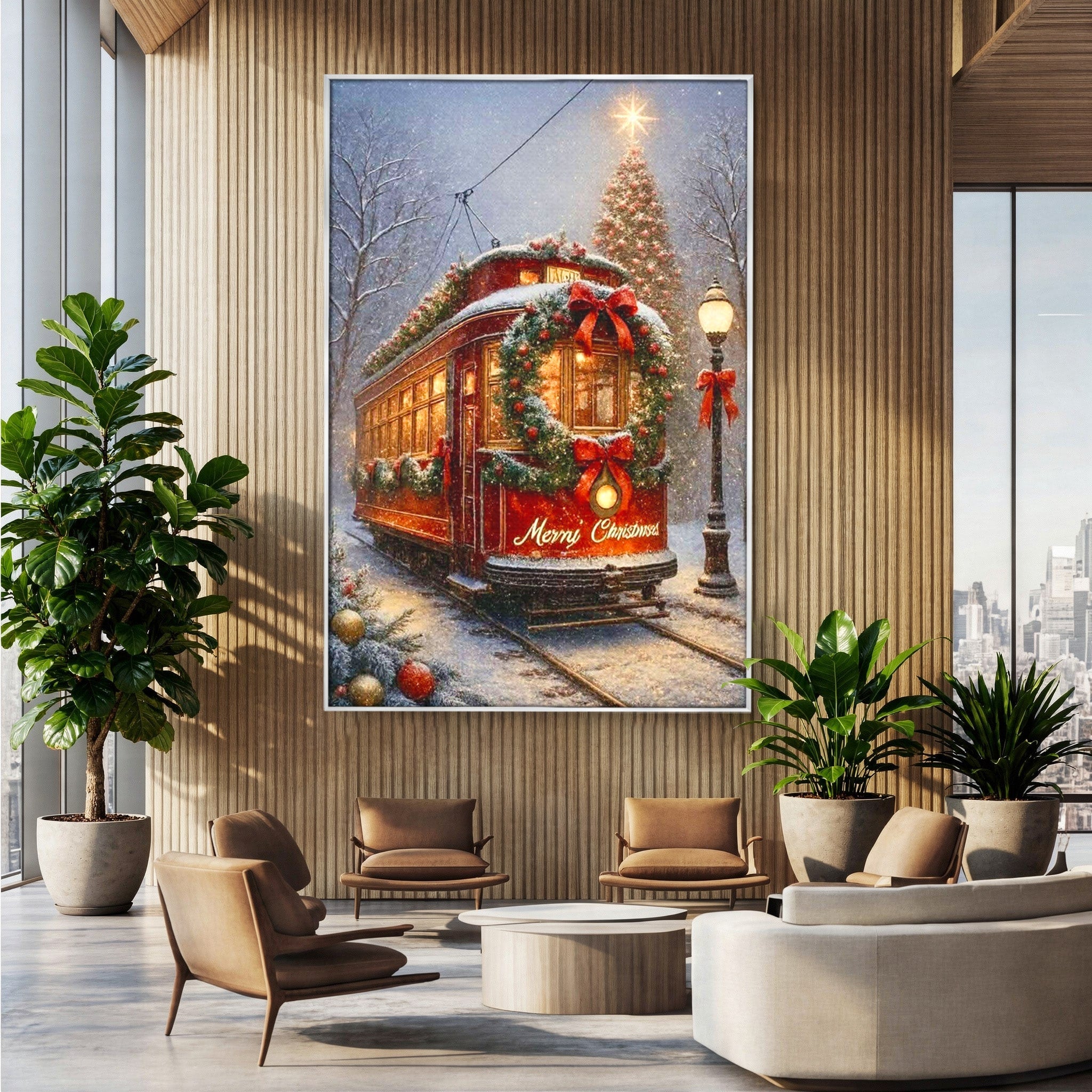 Tablou Canvas Premium LuxCanva® PI1088, Tramvaiul De Craciun, Calatorie, Craciun, Iarna, Decoratiuni, Living, Culori Vibrante