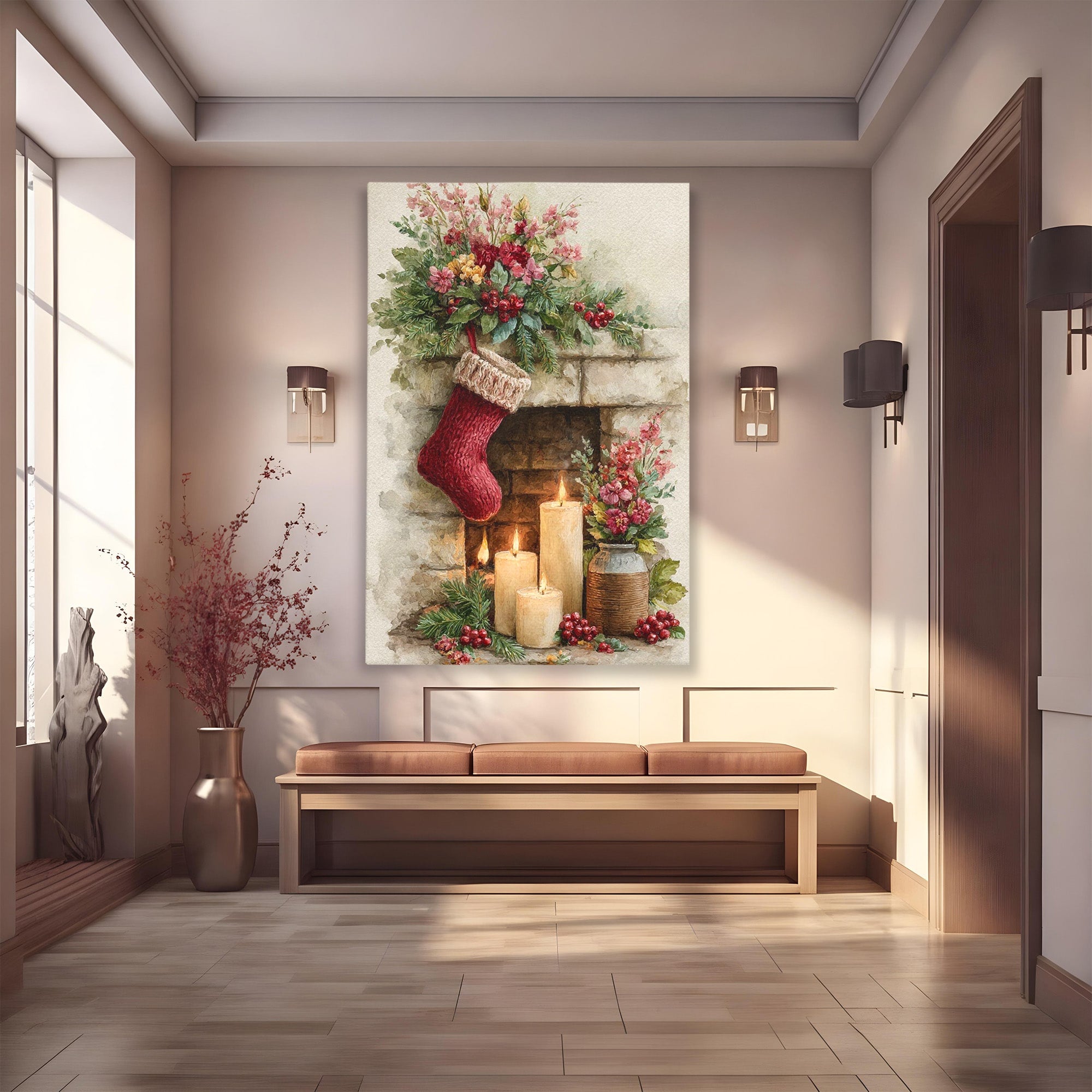 Tablou Canvas Premium LuxCanva® PI1089, Ciorap De Craciun, Cadouri, Decor, Festiv, Copii, Flori, Living, Iarna, Sarbatoare, Culori Vibrante