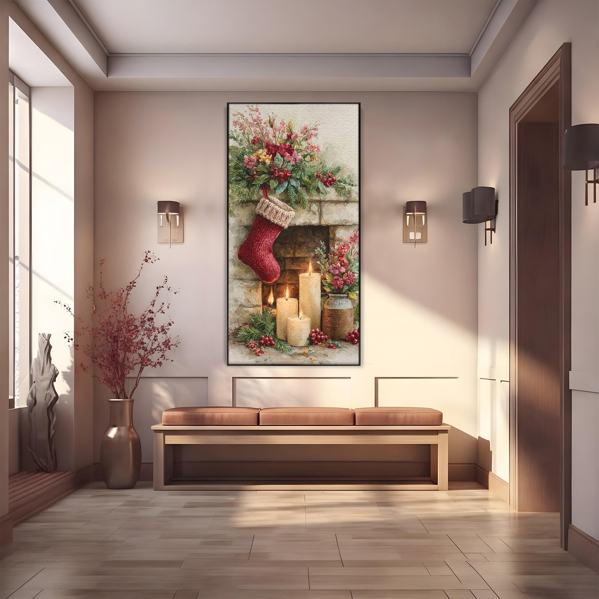 Tablou Canvas Premium LuxCanva® PI1089, Ciorap De Craciun, Cadouri, Decor, Festiv, Copii, Flori, Living, Iarna, Sarbatoare, Culori Vibrante