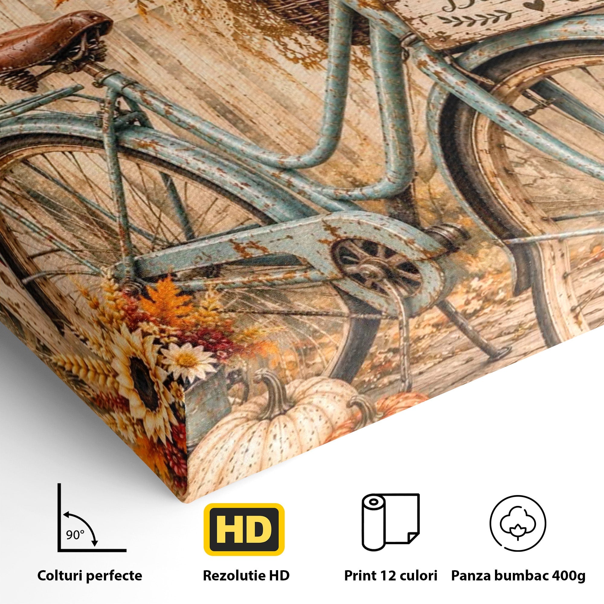 Tablou Canvas Premium LuxCanva® PI1090, Bicicleta De Toamna, Roti, Toamna, Flori, Living, Rustic, Culori Vibrante
