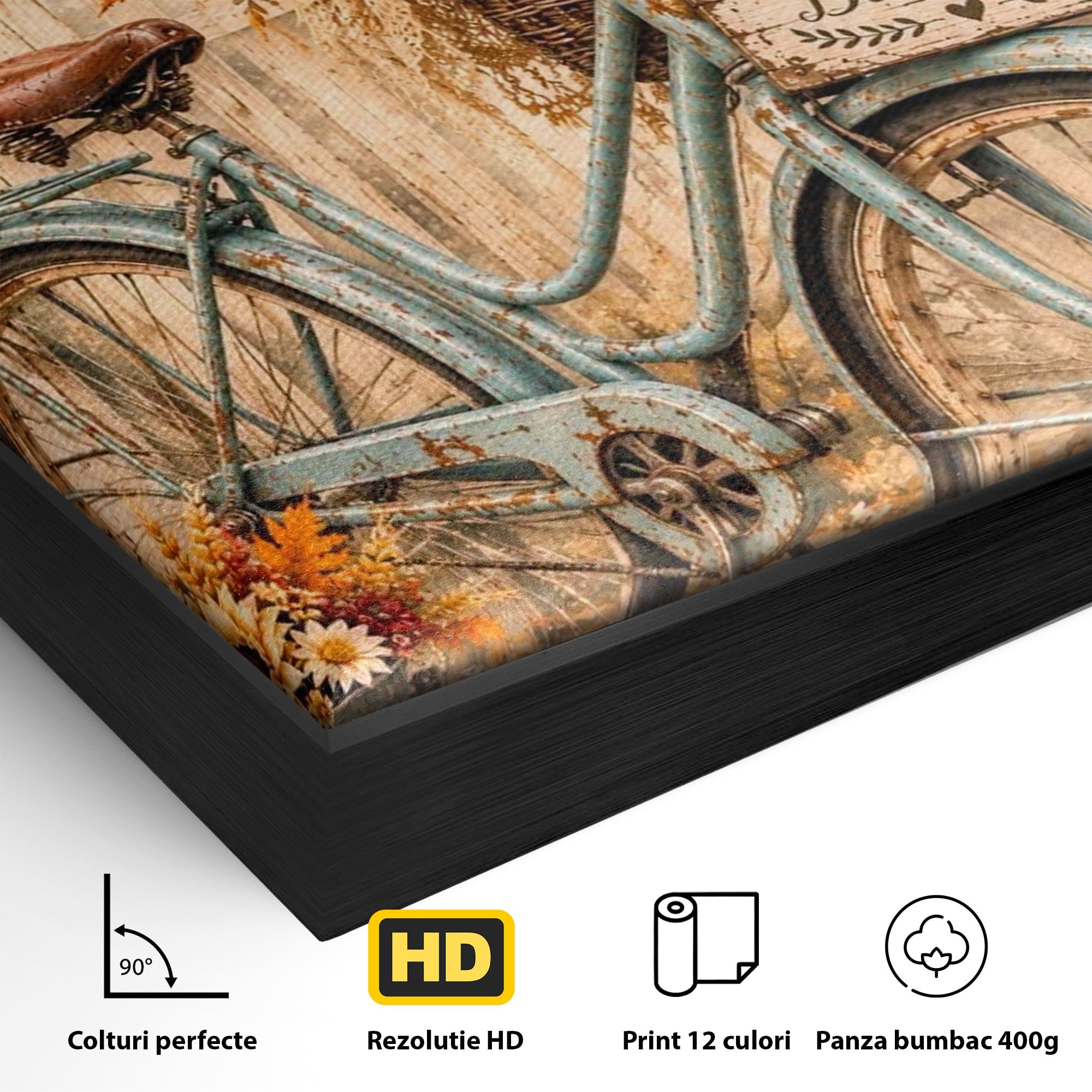 Tablou Canvas Premium LuxCanva® PI1090, Bicicleta De Toamna, Roti, Toamna, Flori, Living, Rustic, Culori Vibrante