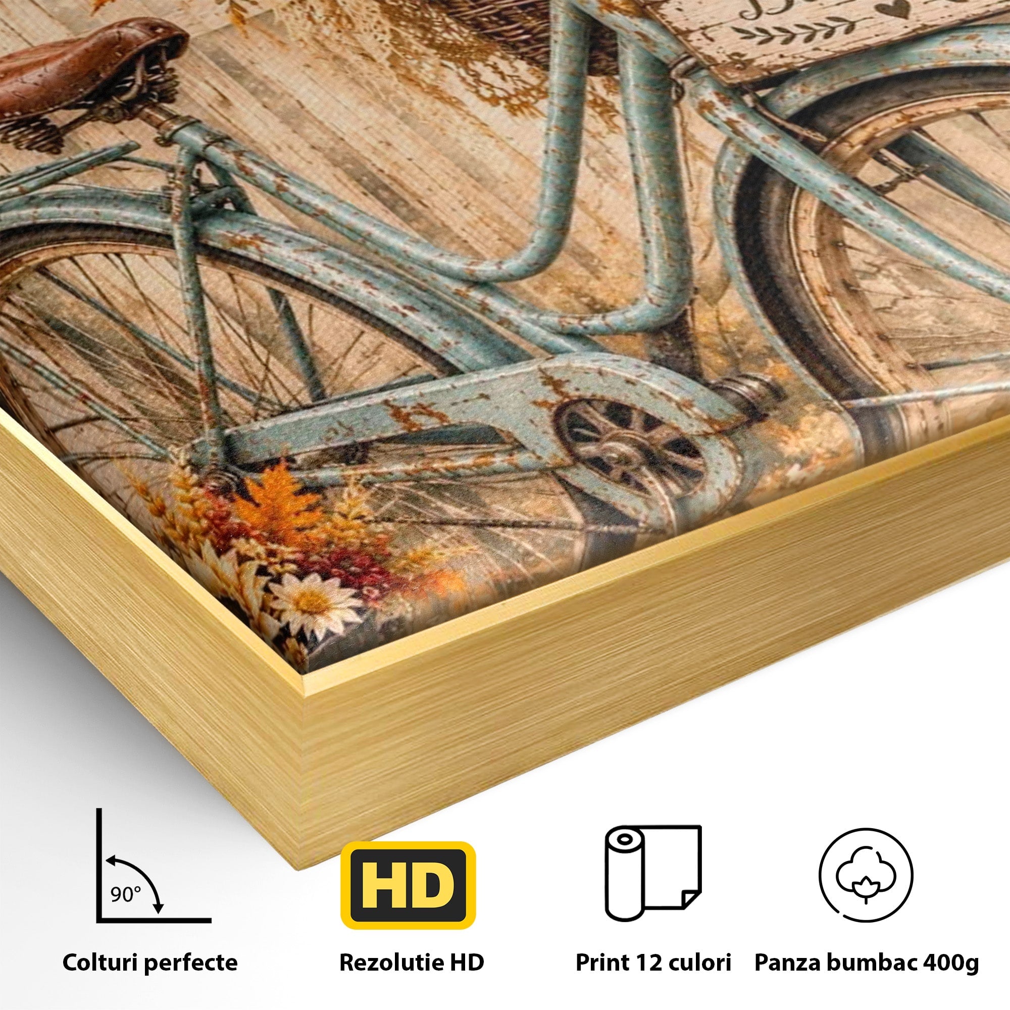 Tablou Canvas Premium LuxCanva® PI1090, Bicicleta De Toamna, Roti, Toamna, Flori, Living, Rustic, Culori Vibrante