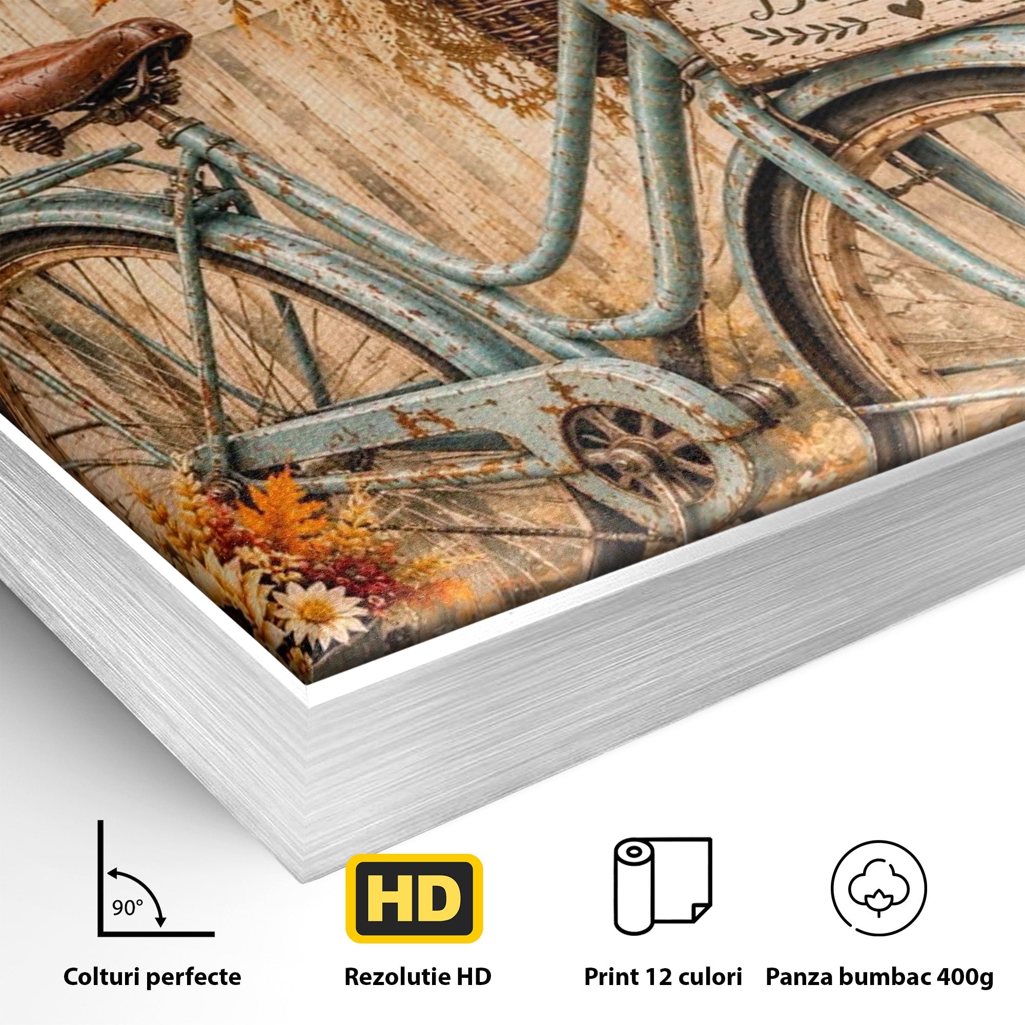Tablou Canvas Premium LuxCanva® PI1090, Bicicleta De Toamna, Roti, Toamna, Flori, Living, Rustic, Culori Vibrante