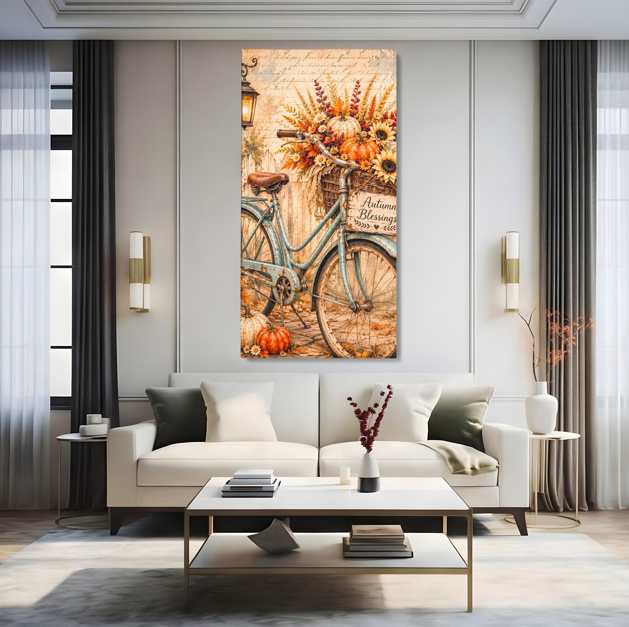 Tablou Canvas Premium LuxCanva® PI1090, Bicicleta De Toamna, Roti, Toamna, Flori, Living, Rustic, Culori Vibrante