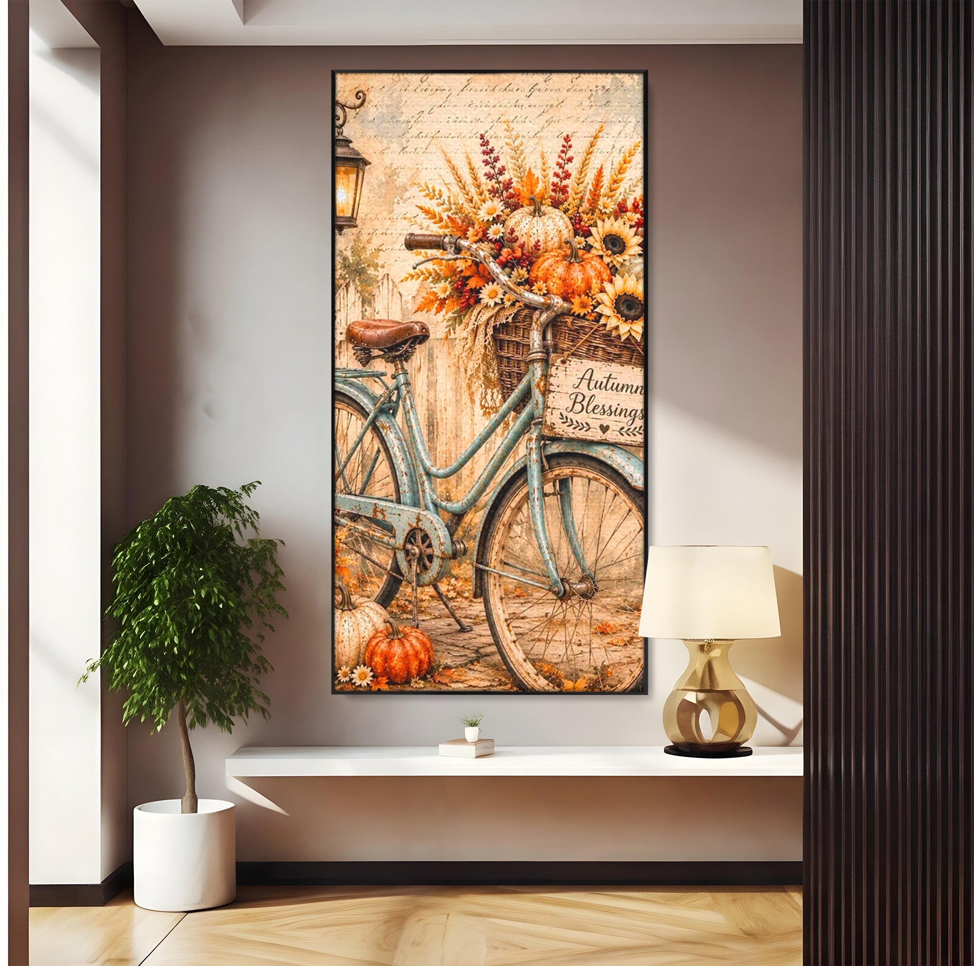 Tablou Canvas Premium LuxCanva® PI1090, Bicicleta De Toamna, Roti, Toamna, Flori, Living, Rustic, Culori Vibrante
