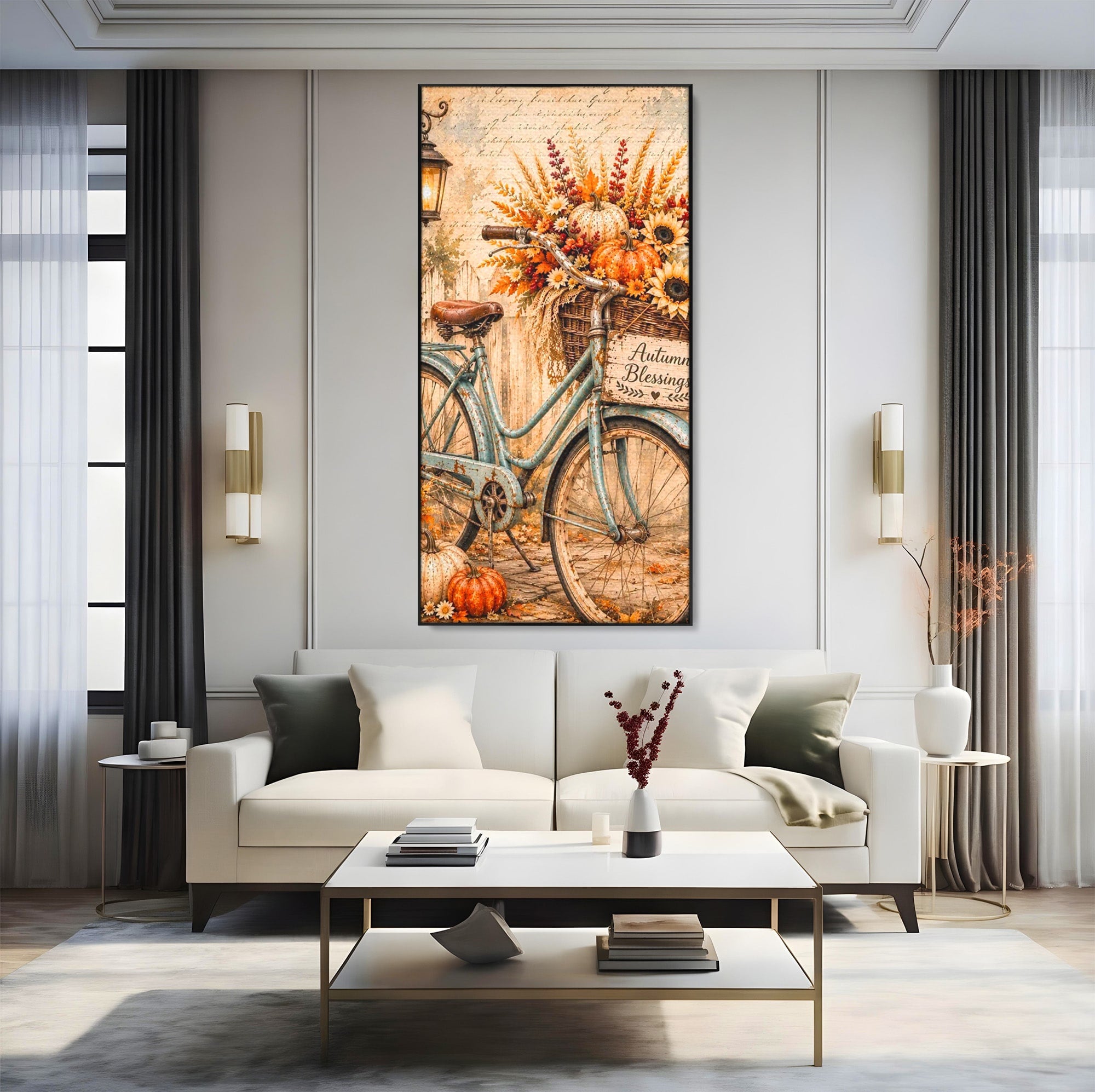 Tablou Canvas Premium LuxCanva® PI1090, Bicicleta De Toamna, Roti, Toamna, Flori, Living, Rustic, Culori Vibrante