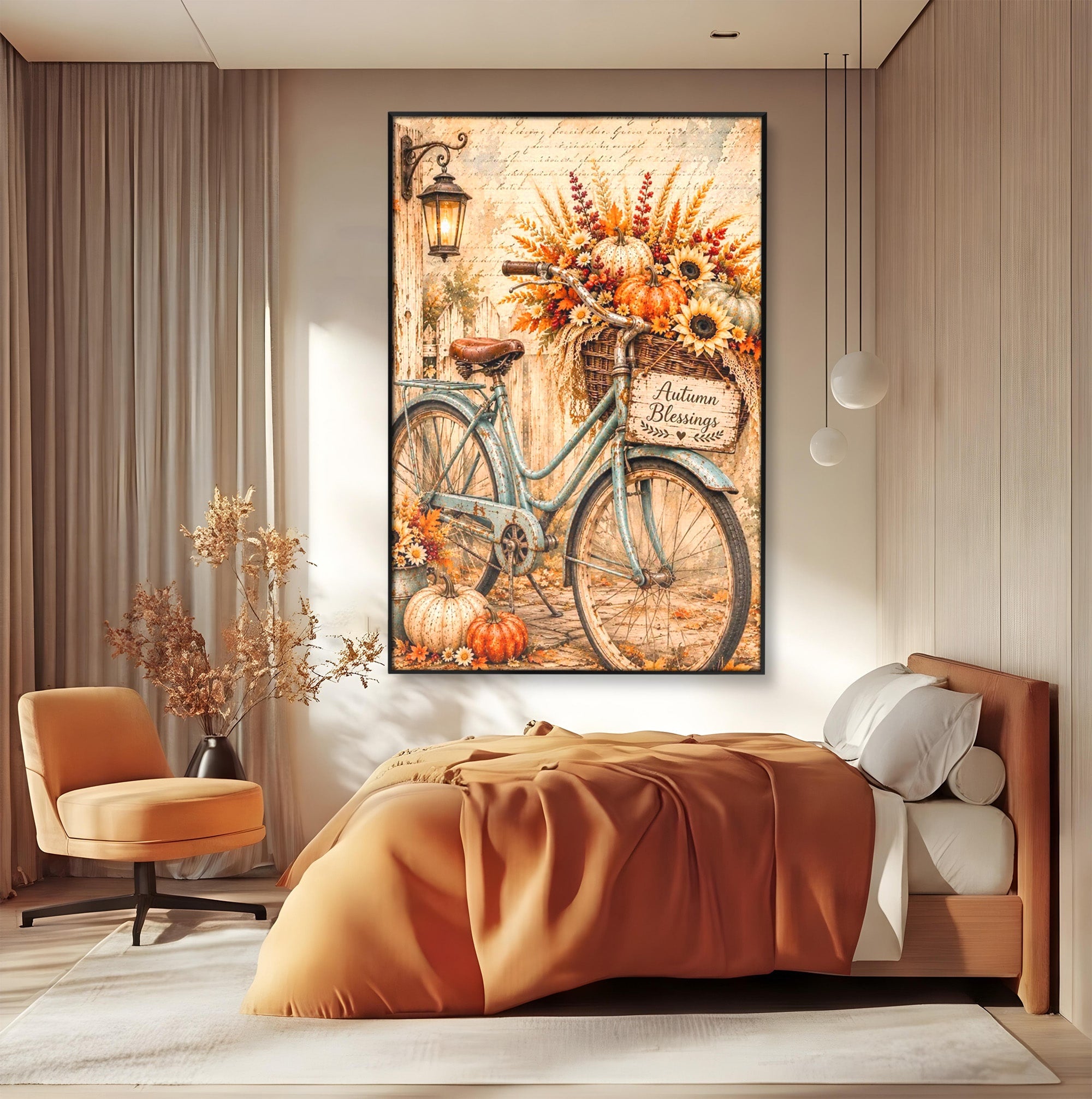 Tablou Canvas Premium LuxCanva® PI1090, Bicicleta De Toamna, Roti, Toamna, Flori, Living, Rustic, Culori Vibrante