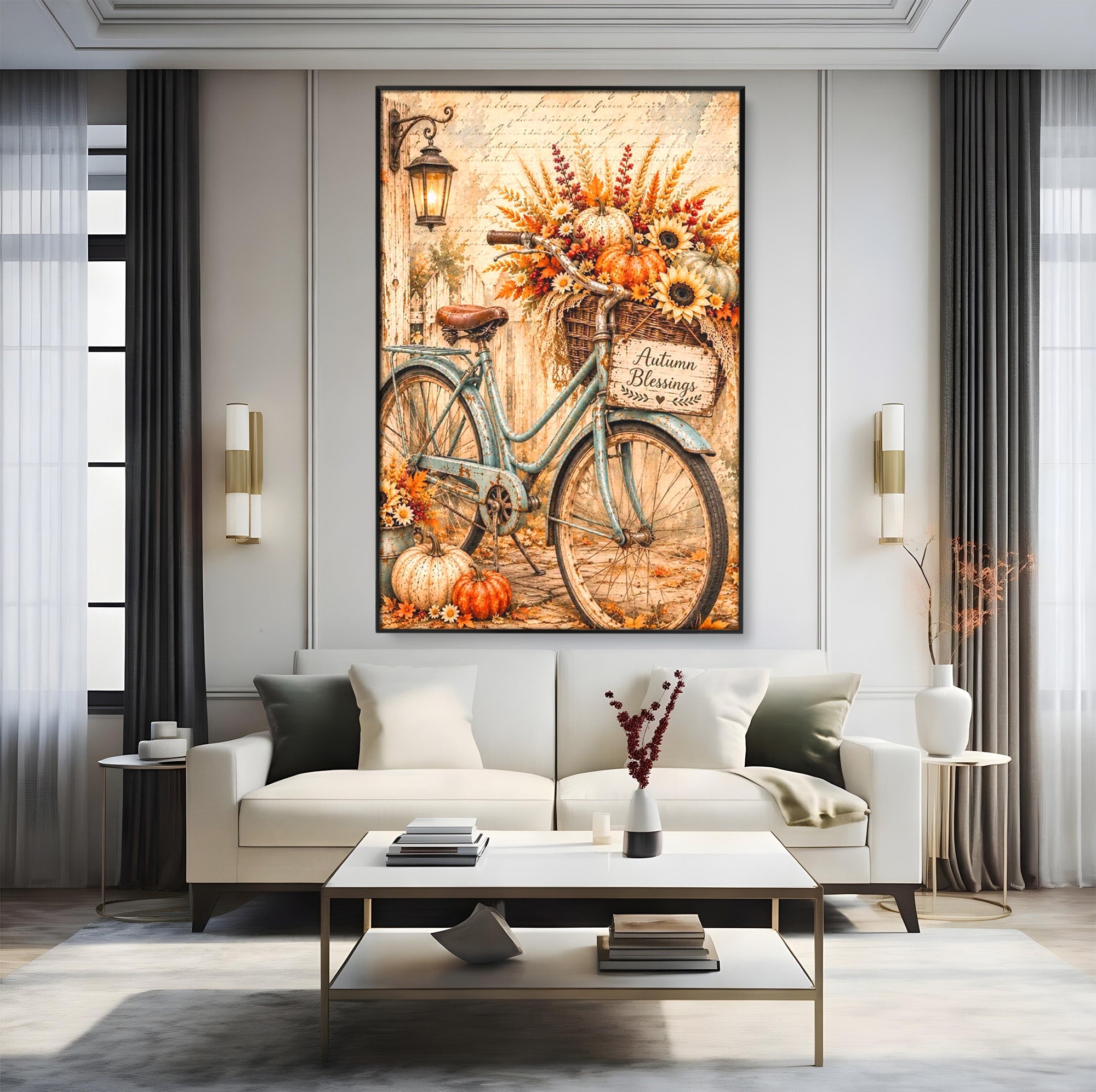 Tablou Canvas Premium LuxCanva® PI1090, Bicicleta De Toamna, Roti, Toamna, Flori, Living, Rustic, Culori Vibrante