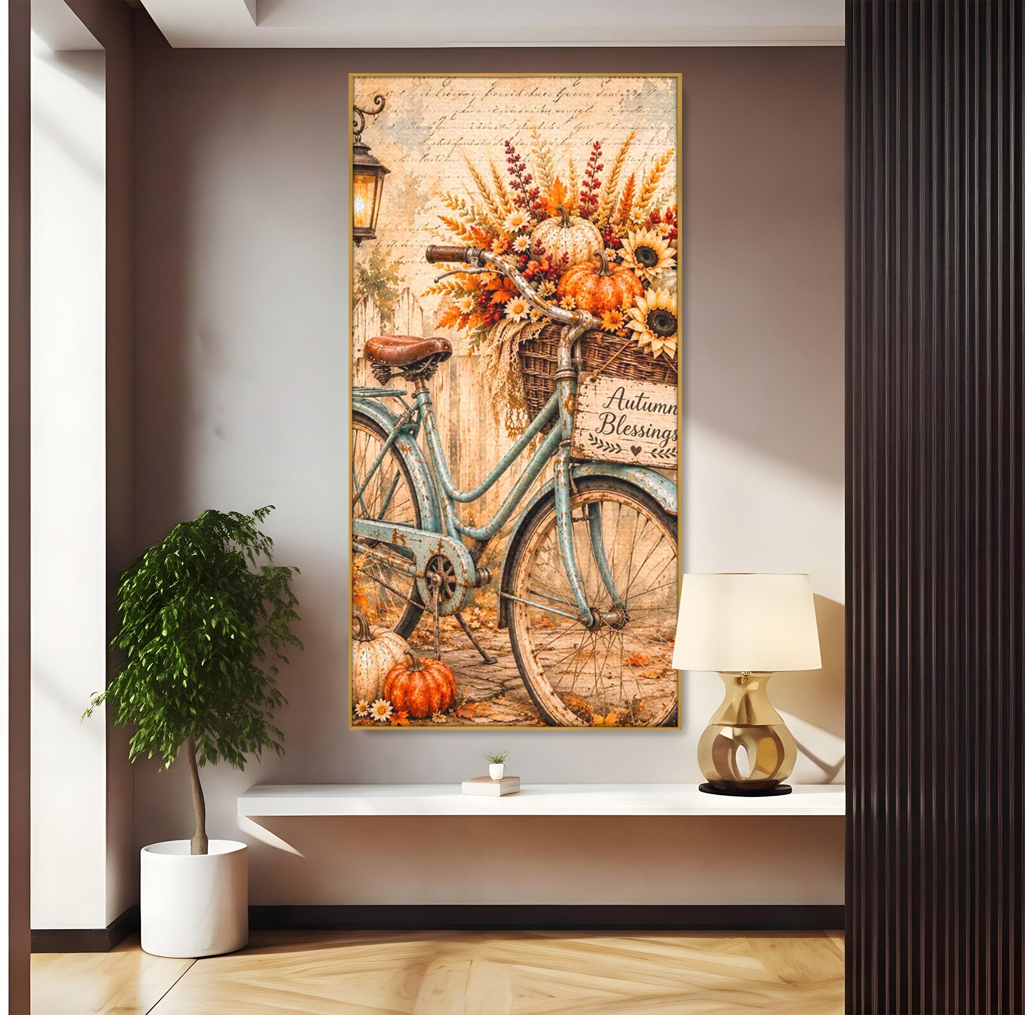 Tablou Canvas Premium LuxCanva® PI1090, Bicicleta De Toamna, Roti, Toamna, Flori, Living, Rustic, Culori Vibrante