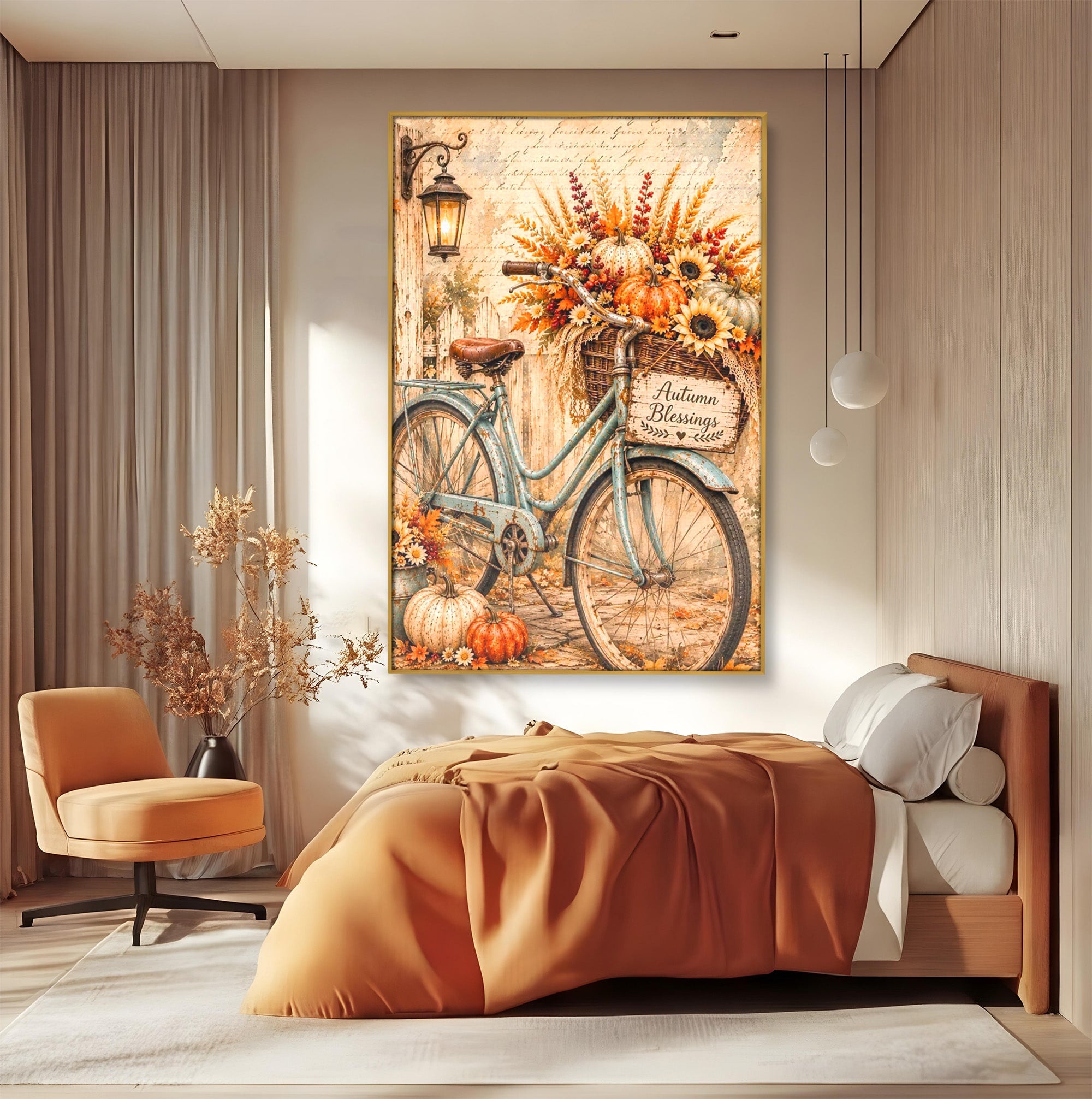Tablou Canvas Premium LuxCanva® PI1090, Bicicleta De Toamna, Roti, Toamna, Flori, Living, Rustic, Culori Vibrante