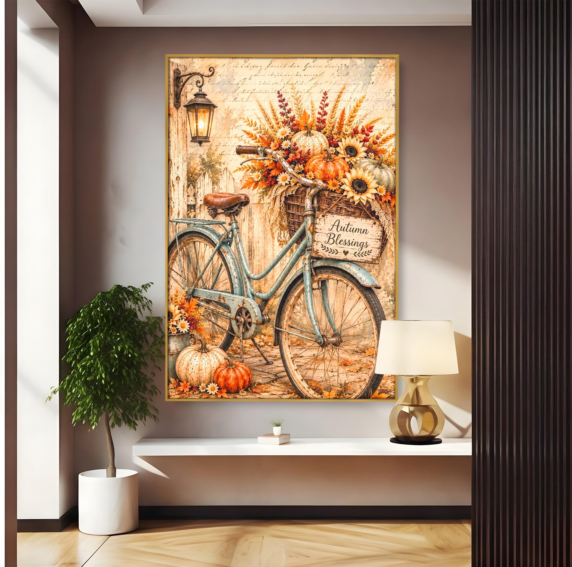 Tablou Canvas Premium LuxCanva® PI1090, Bicicleta De Toamna, Roti, Toamna, Flori, Living, Rustic, Culori Vibrante