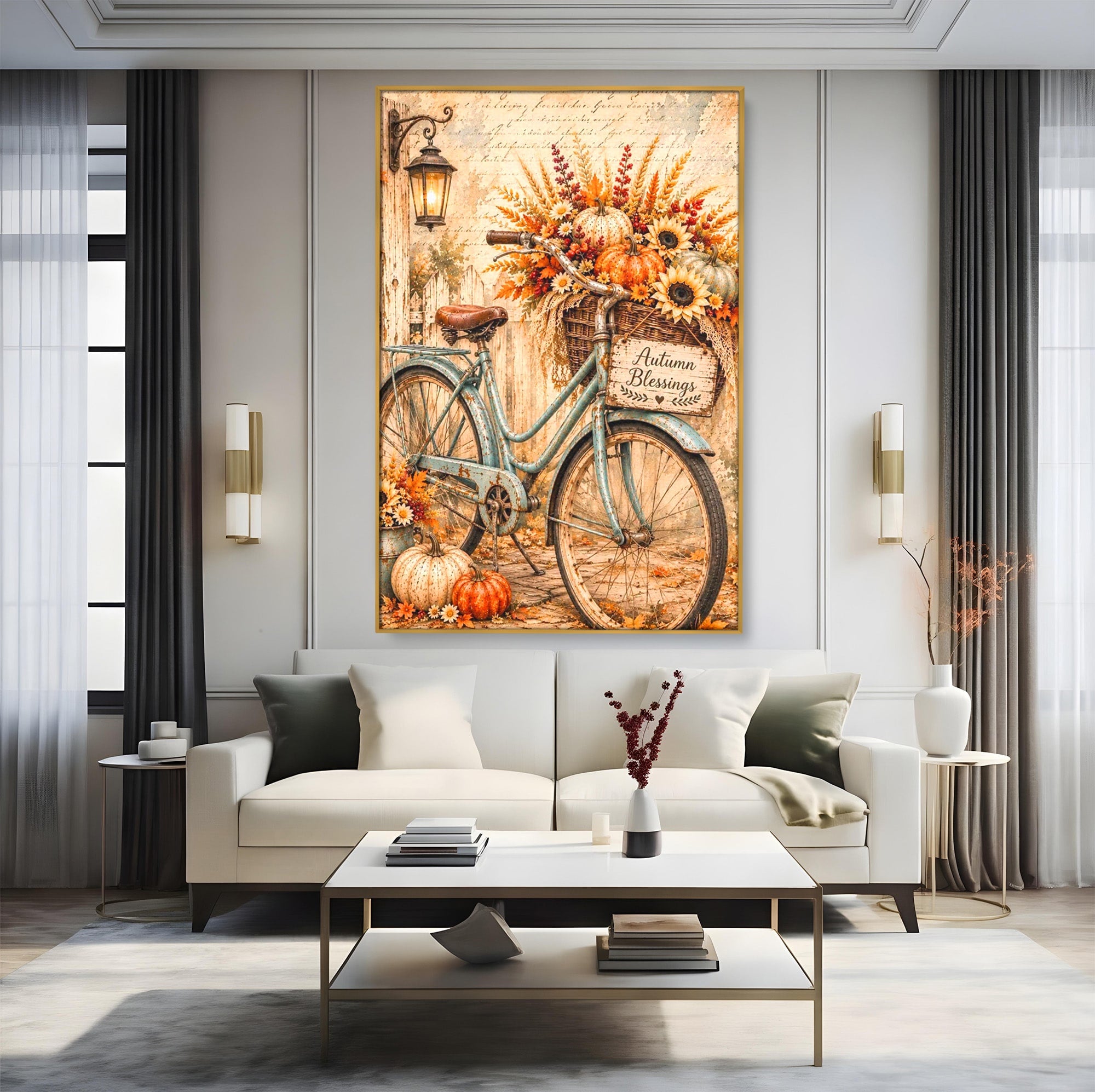 Tablou Canvas Premium LuxCanva® PI1090, Bicicleta De Toamna, Roti, Toamna, Flori, Living, Rustic, Culori Vibrante