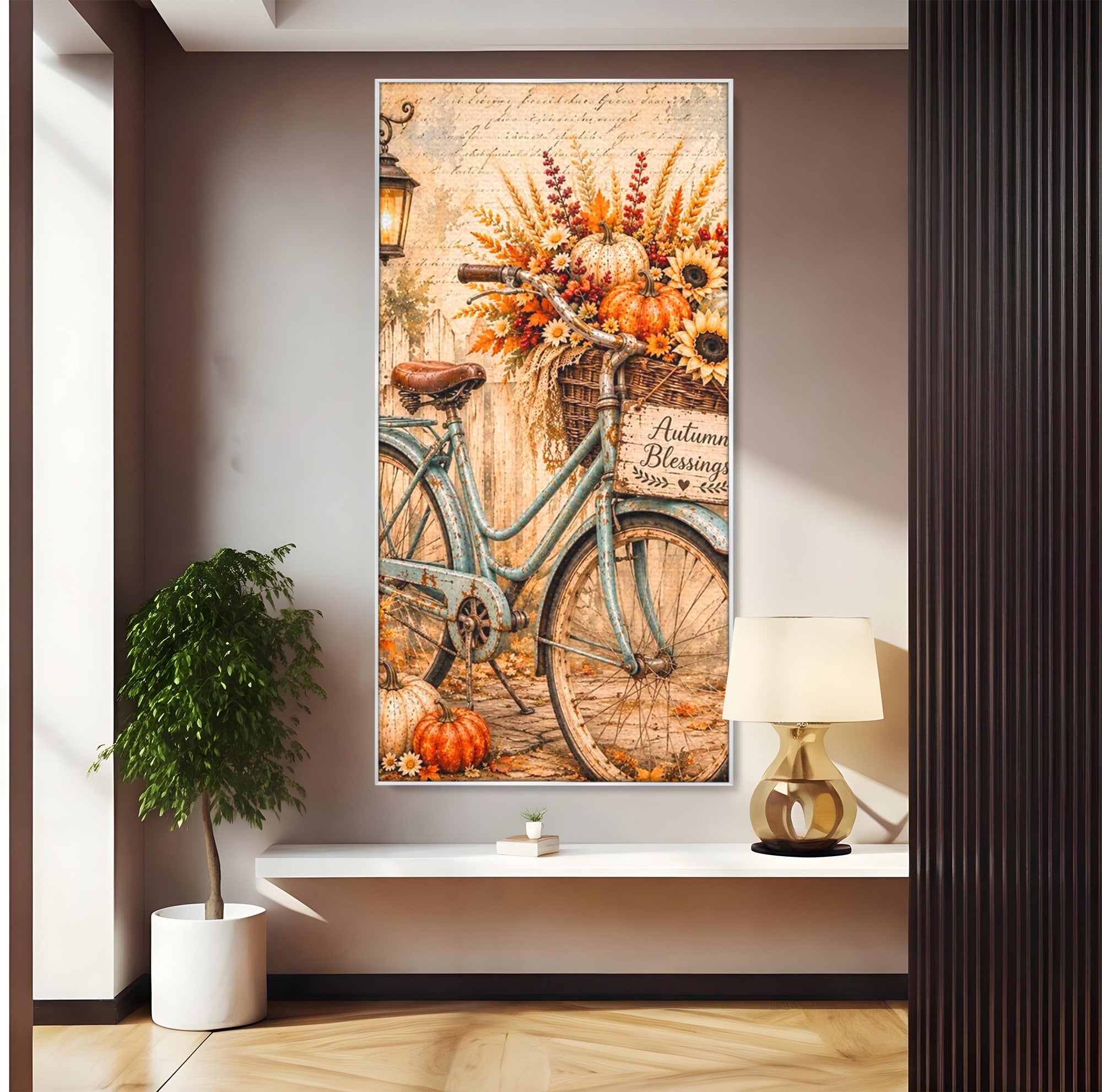 Tablou Canvas Premium LuxCanva® PI1090, Bicicleta De Toamna, Roti, Toamna, Flori, Living, Rustic, Culori Vibrante