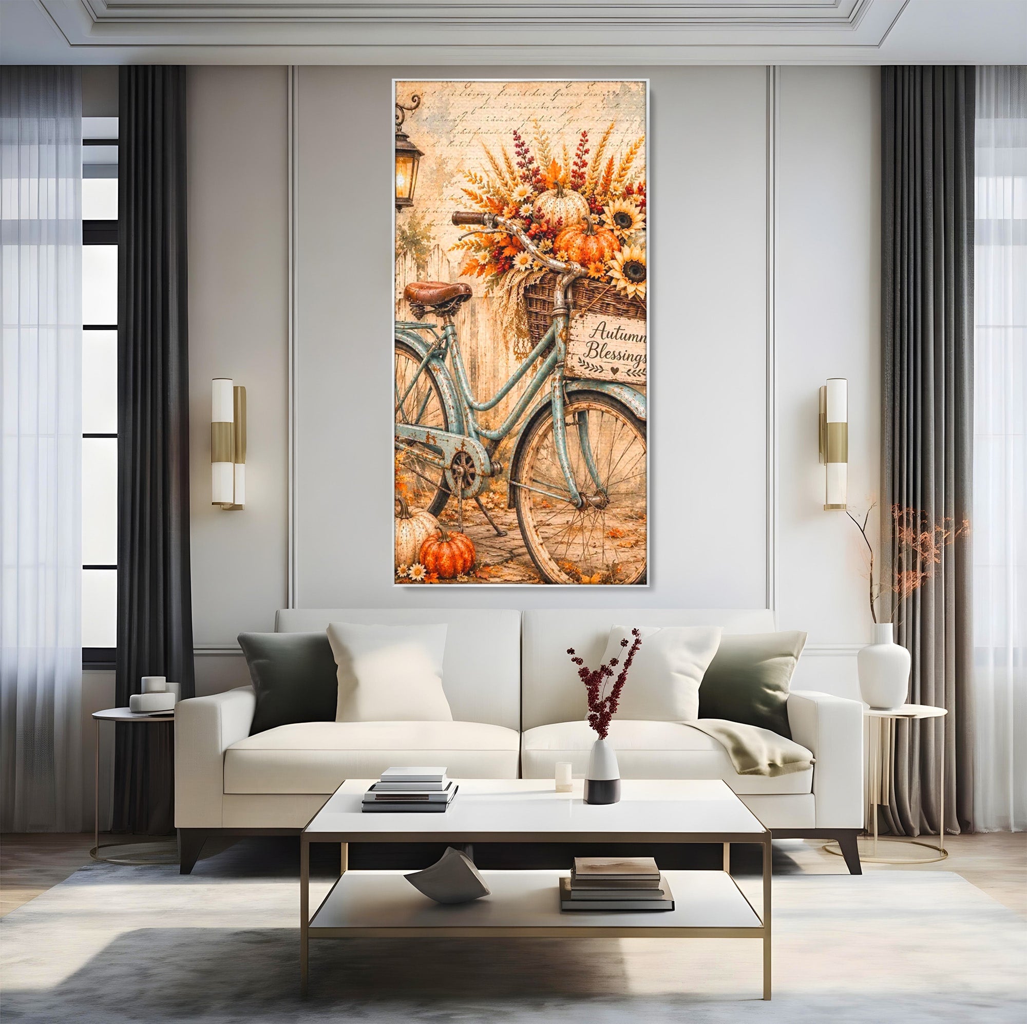 Tablou Canvas Premium LuxCanva® PI1090, Bicicleta De Toamna, Roti, Toamna, Flori, Living, Rustic, Culori Vibrante