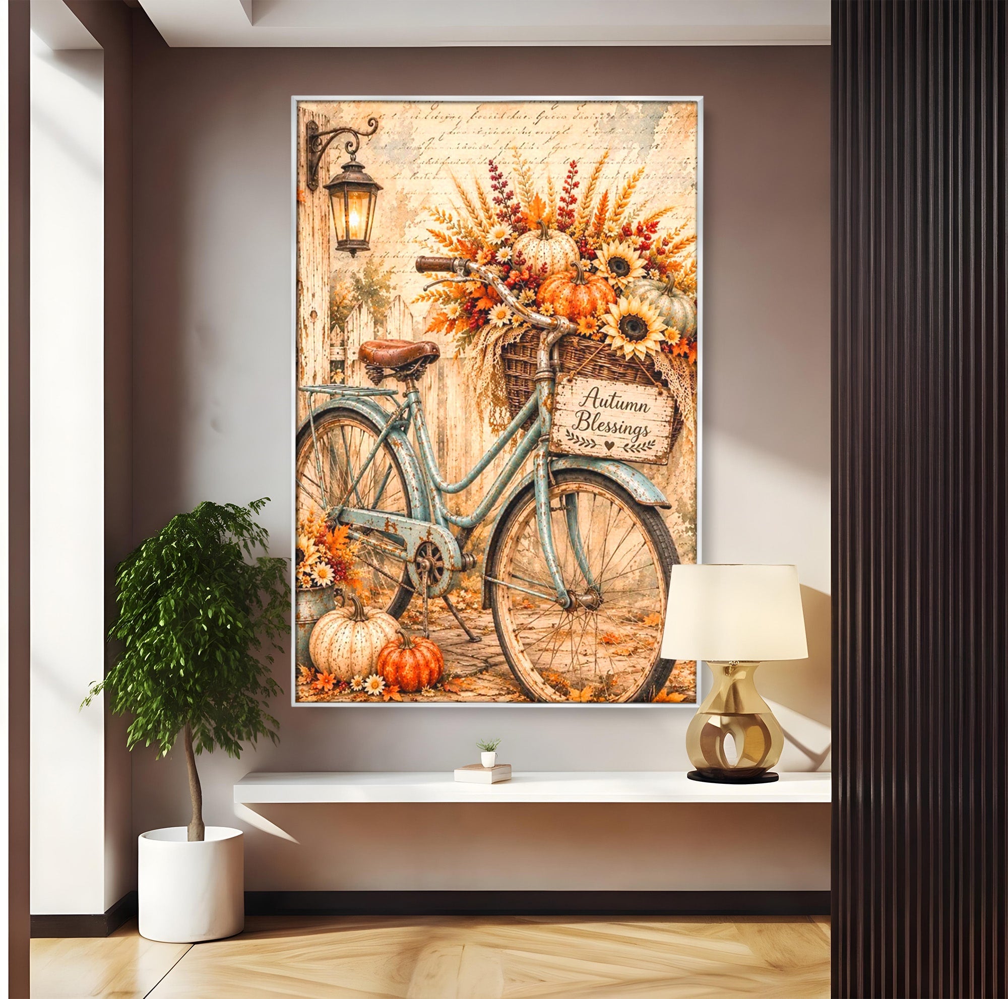 Tablou Canvas Premium LuxCanva® PI1090, Bicicleta De Toamna, Roti, Toamna, Flori, Living, Rustic, Culori Vibrante