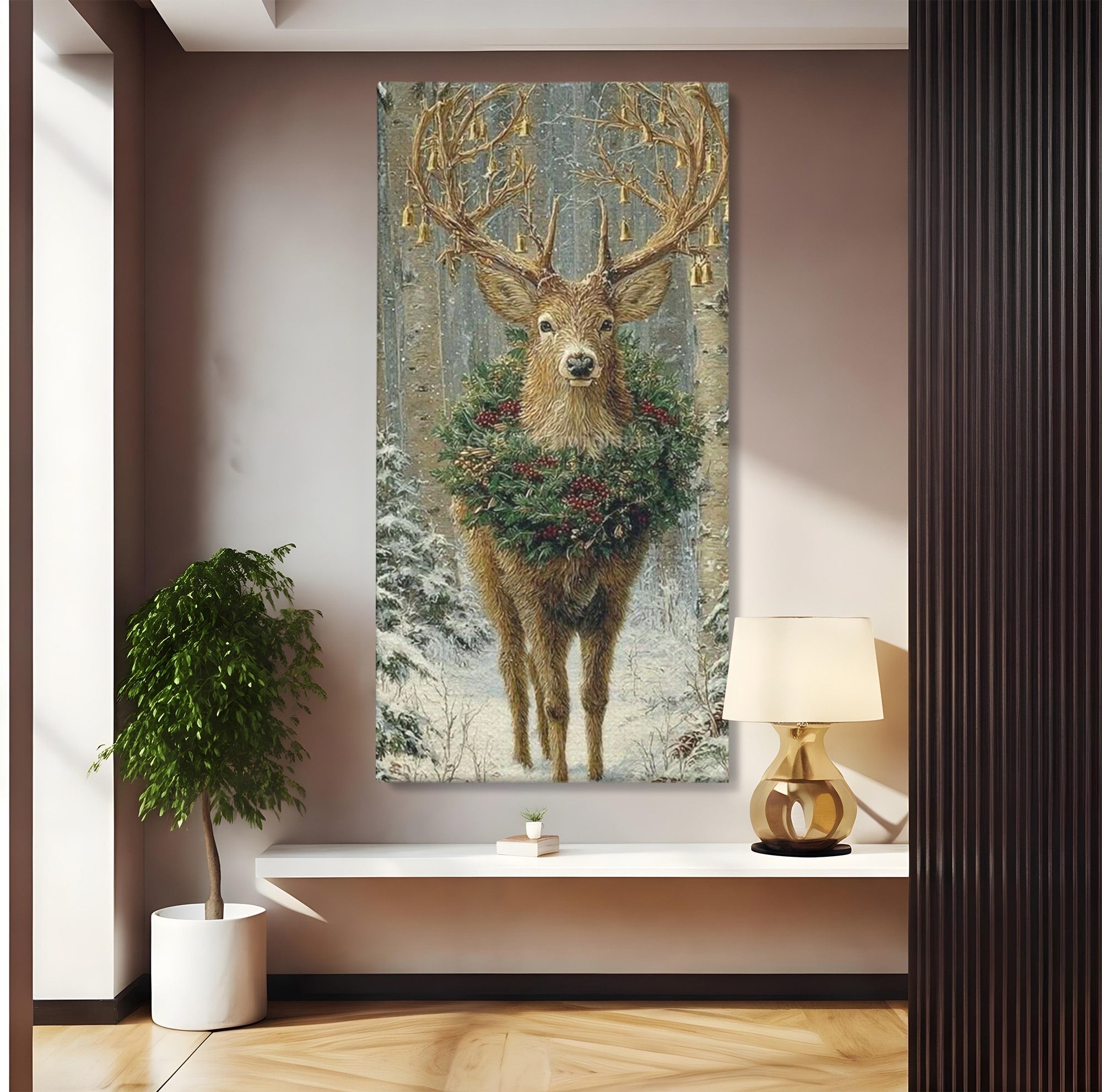 Tablou Canvas Premium LuxCanva® PI1092, Cerbul Impodobit, Salbatic, Animal, Padure, Iarna, Craciun, Living, Dormitor, Culori Vibrante