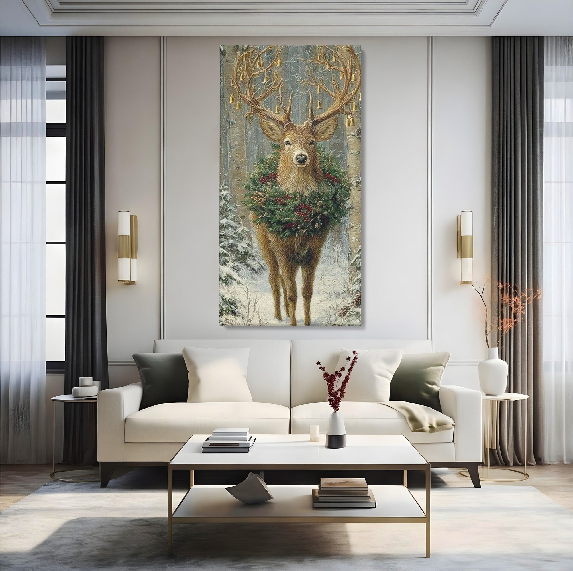 Tablou Canvas Premium LuxCanva® PI1092, Cerbul Impodobit, Salbatic, Animal, Padure, Iarna, Craciun, Living, Dormitor, Culori Vibrante