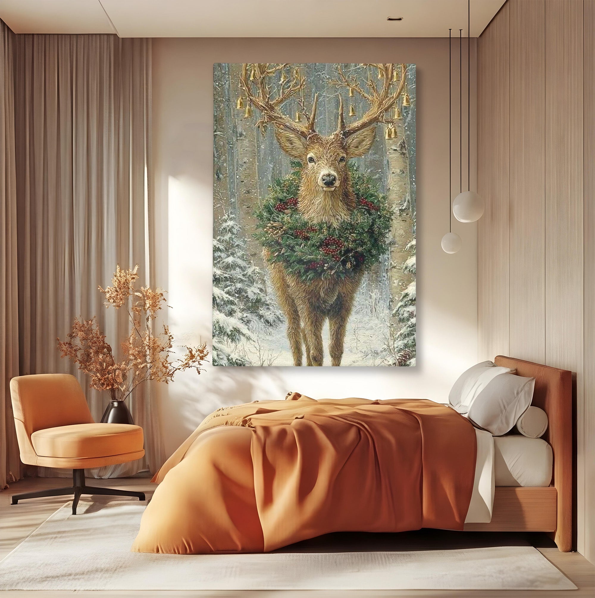Tablou Canvas Premium LuxCanva® PI1092, Cerbul Impodobit, Salbatic, Animal, Padure, Iarna, Craciun, Living, Dormitor, Culori Vibrante