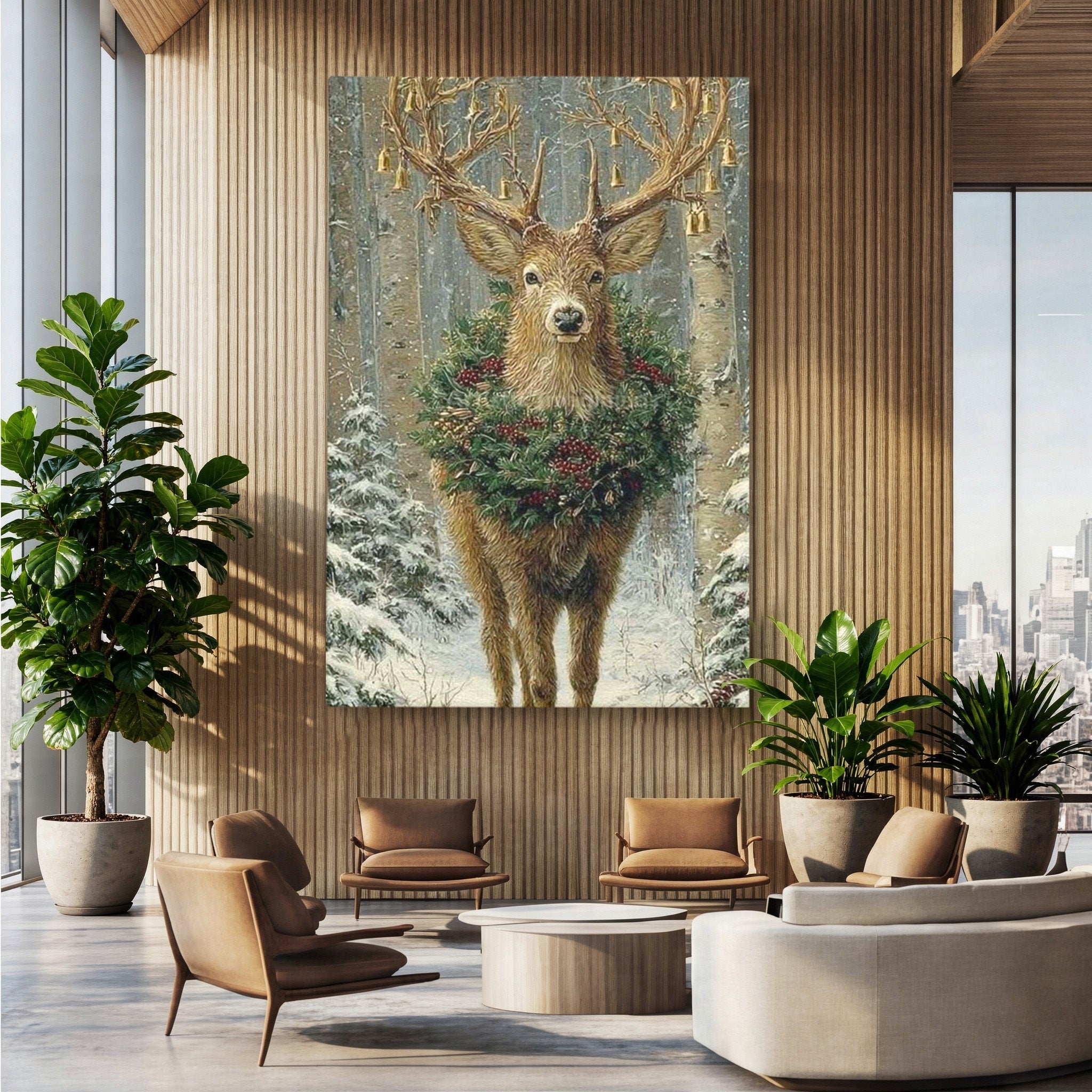 Tablou Canvas Premium LuxCanva® PI1092, Cerbul Impodobit, Salbatic, Animal, Padure, Iarna, Craciun, Living, Dormitor, Culori Vibrante
