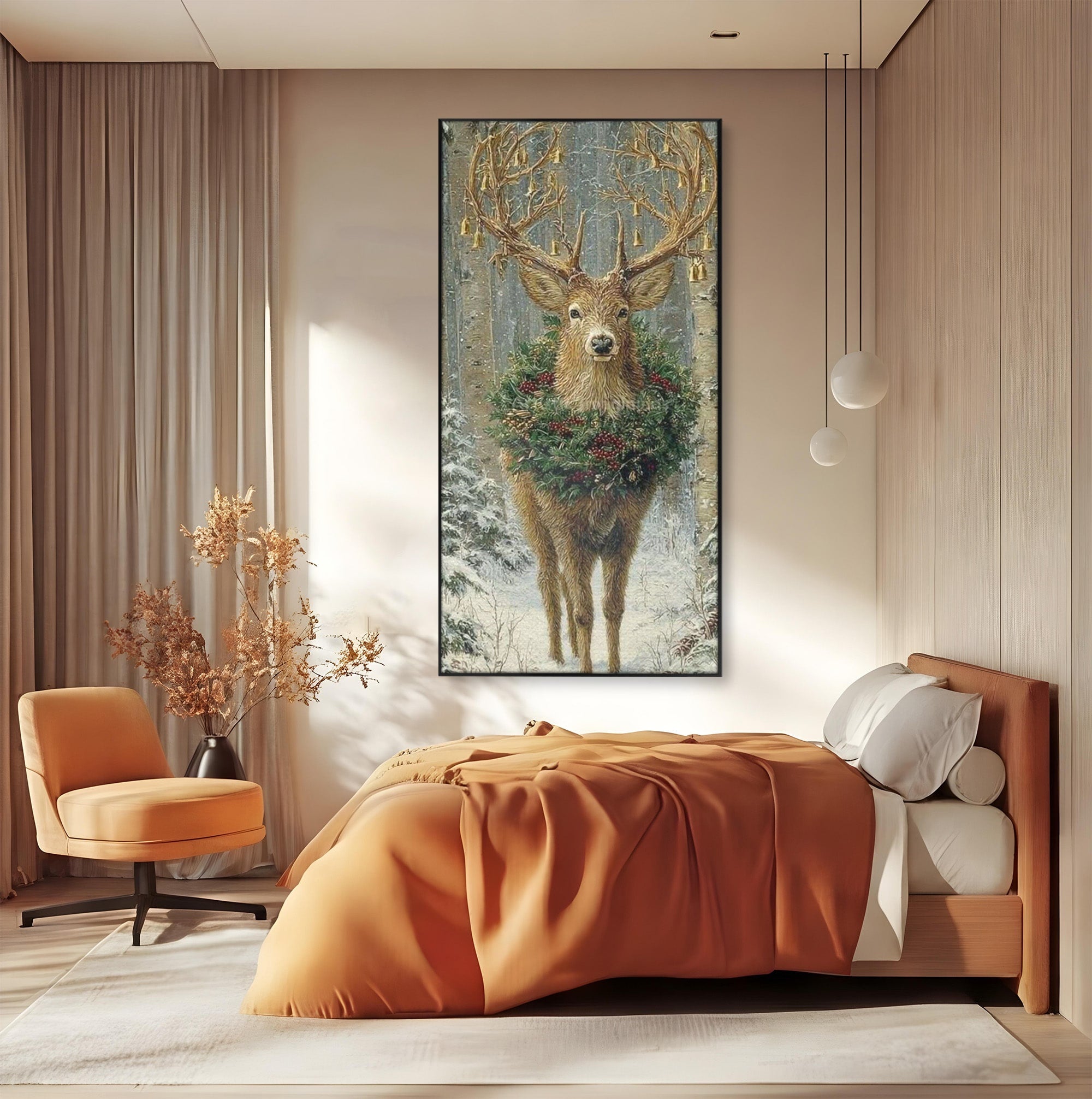 Tablou Canvas Premium LuxCanva® PI1092, Cerbul Impodobit, Salbatic, Animal, Padure, Iarna, Craciun, Living, Dormitor, Culori Vibrante
