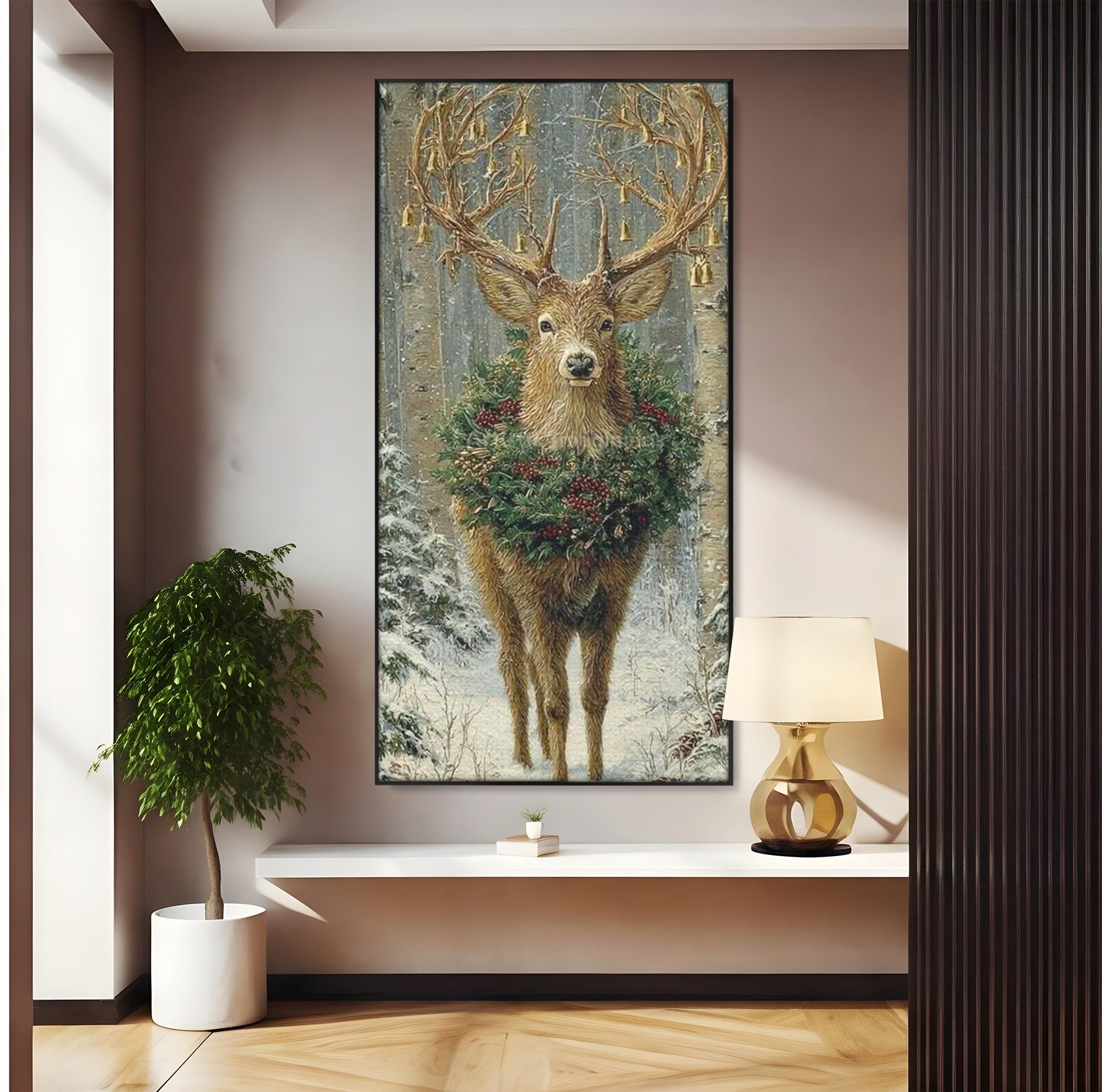 Tablou Canvas Premium LuxCanva® PI1092, Cerbul Impodobit, Salbatic, Animal, Padure, Iarna, Craciun, Living, Dormitor, Culori Vibrante