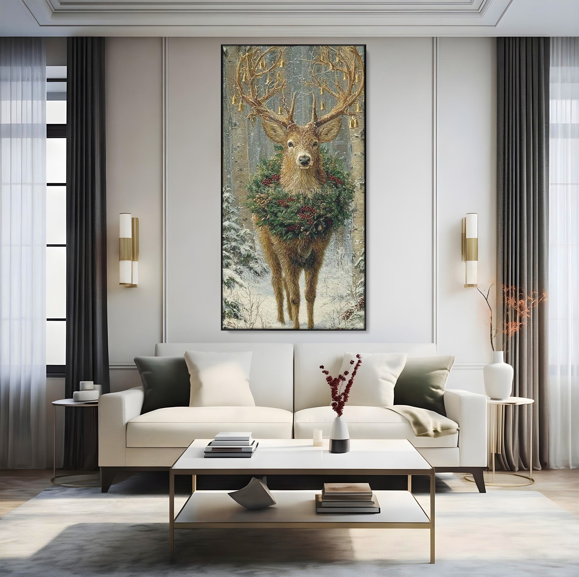 Tablou Canvas Premium LuxCanva® PI1092, Cerbul Impodobit, Salbatic, Animal, Padure, Iarna, Craciun, Living, Dormitor, Culori Vibrante