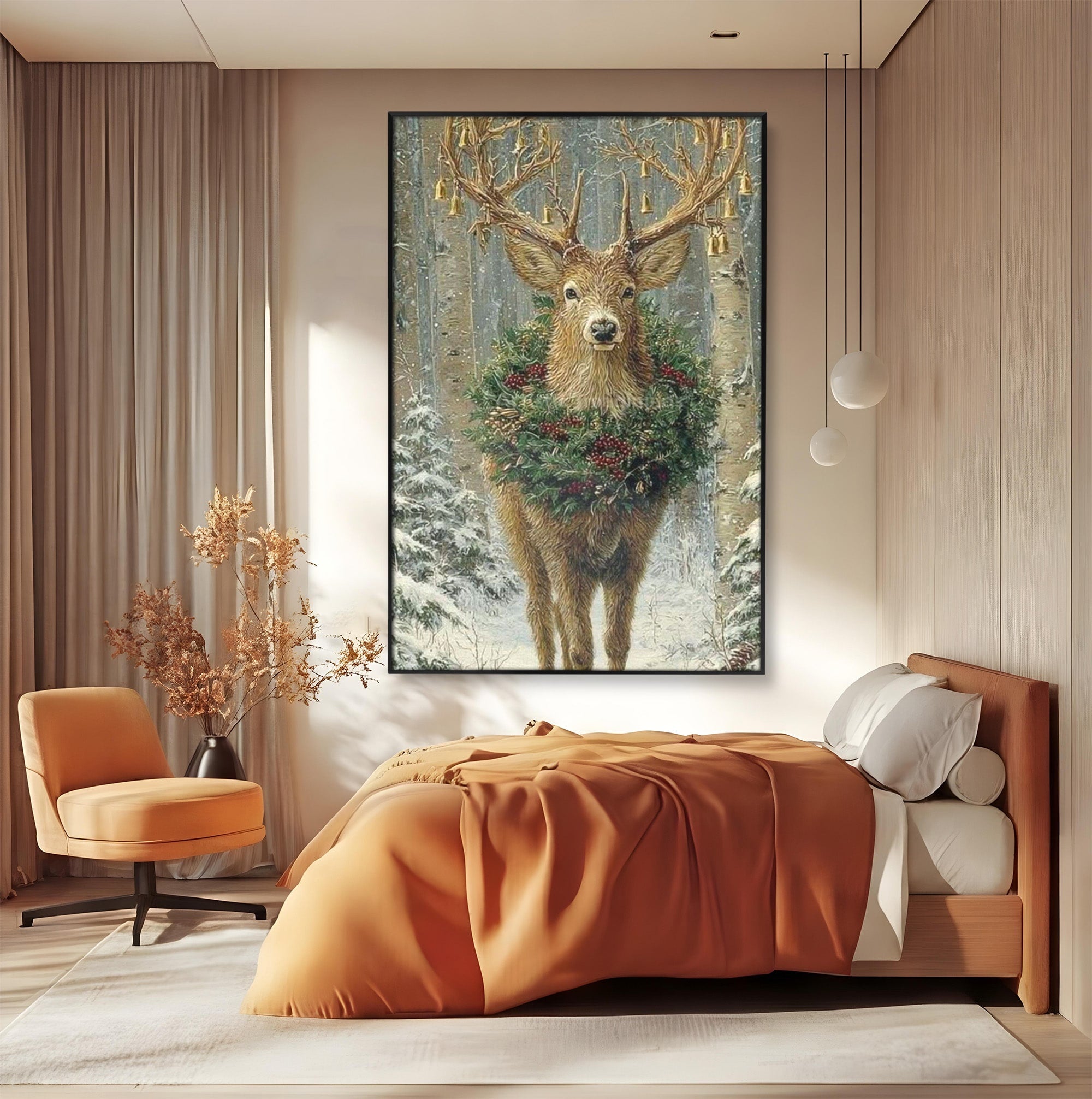 Tablou Canvas Premium LuxCanva® PI1092, Cerbul Impodobit, Salbatic, Animal, Padure, Iarna, Craciun, Living, Dormitor, Culori Vibrante
