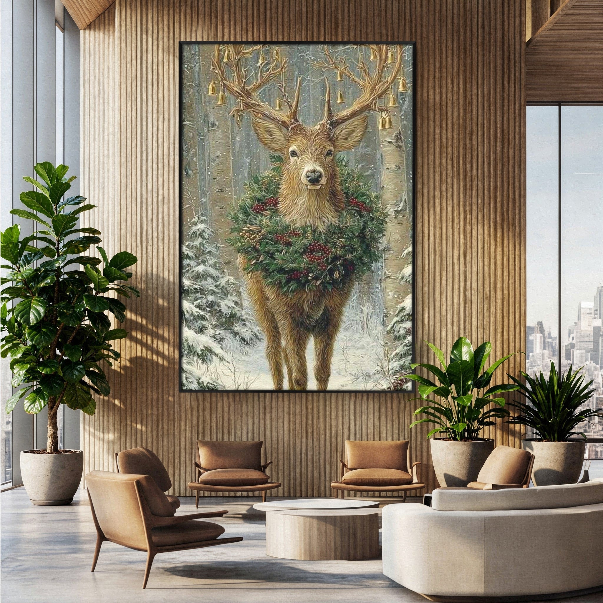 Tablou Canvas Premium LuxCanva® PI1092, Cerbul Impodobit, Salbatic, Animal, Padure, Iarna, Craciun, Living, Dormitor, Culori Vibrante