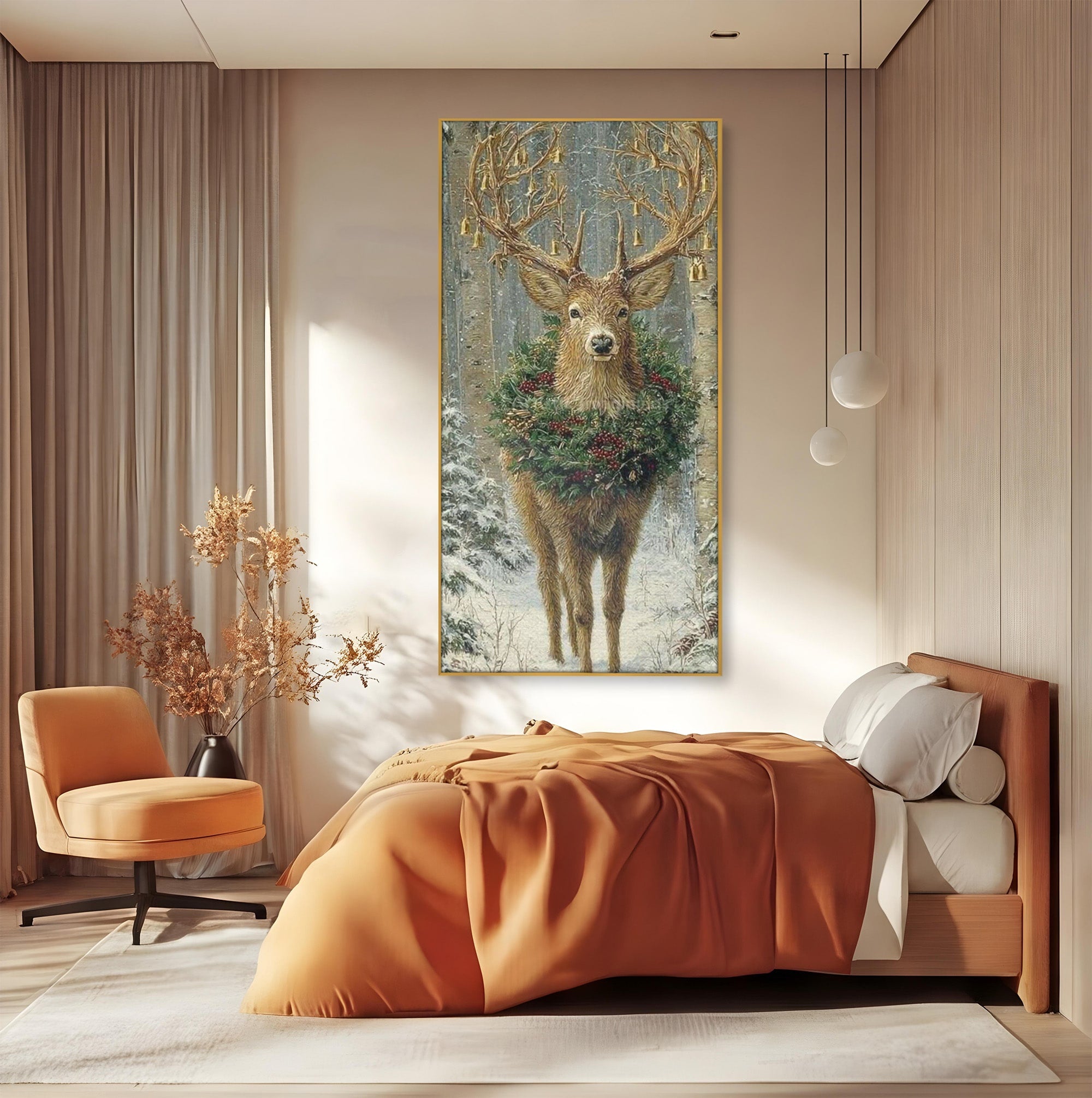 Tablou Canvas Premium LuxCanva® PI1092, Cerbul Impodobit, Salbatic, Animal, Padure, Iarna, Craciun, Living, Dormitor, Culori Vibrante