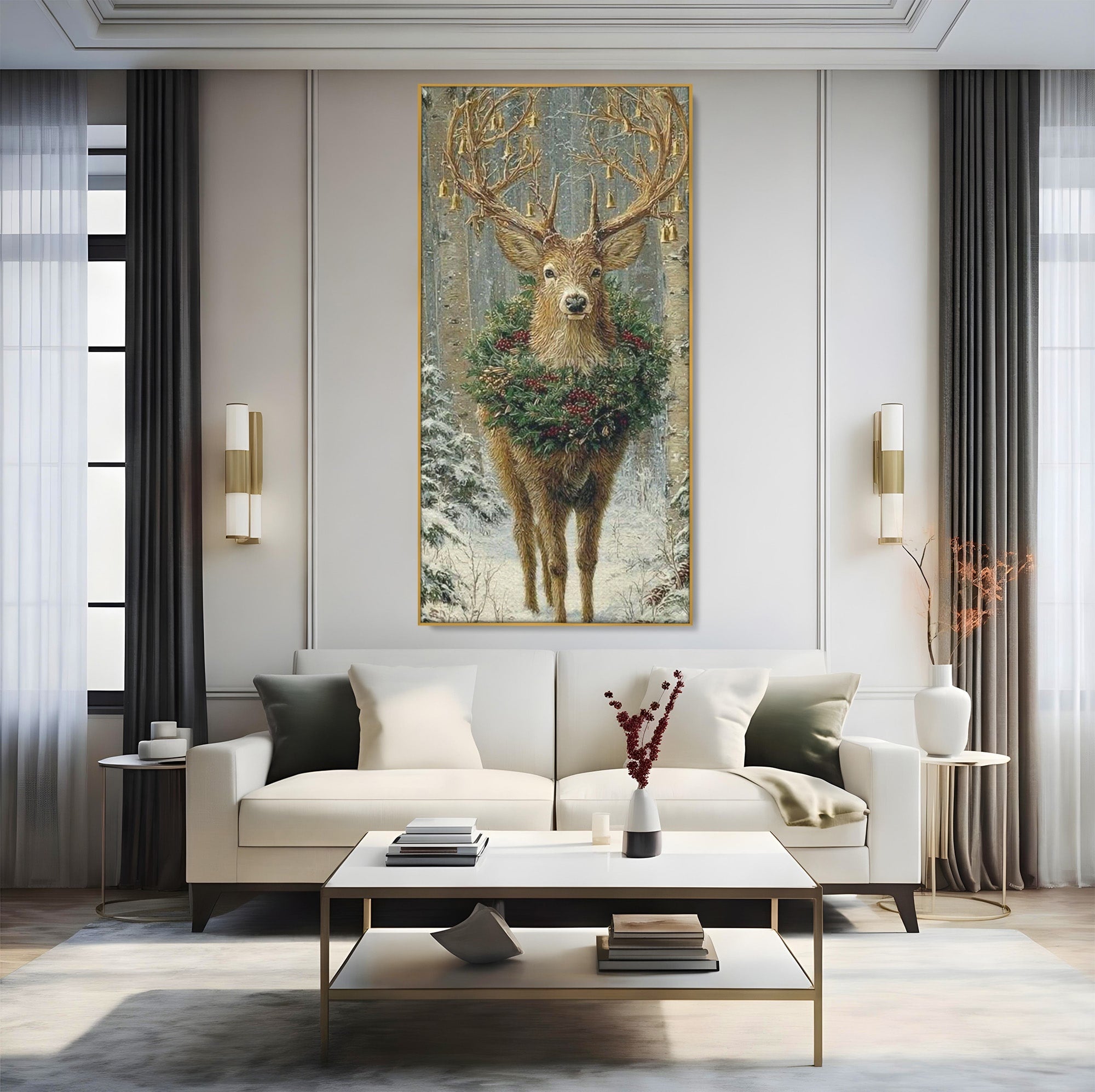 Tablou Canvas Premium LuxCanva® PI1092, Cerbul Impodobit, Salbatic, Animal, Padure, Iarna, Craciun, Living, Dormitor, Culori Vibrante