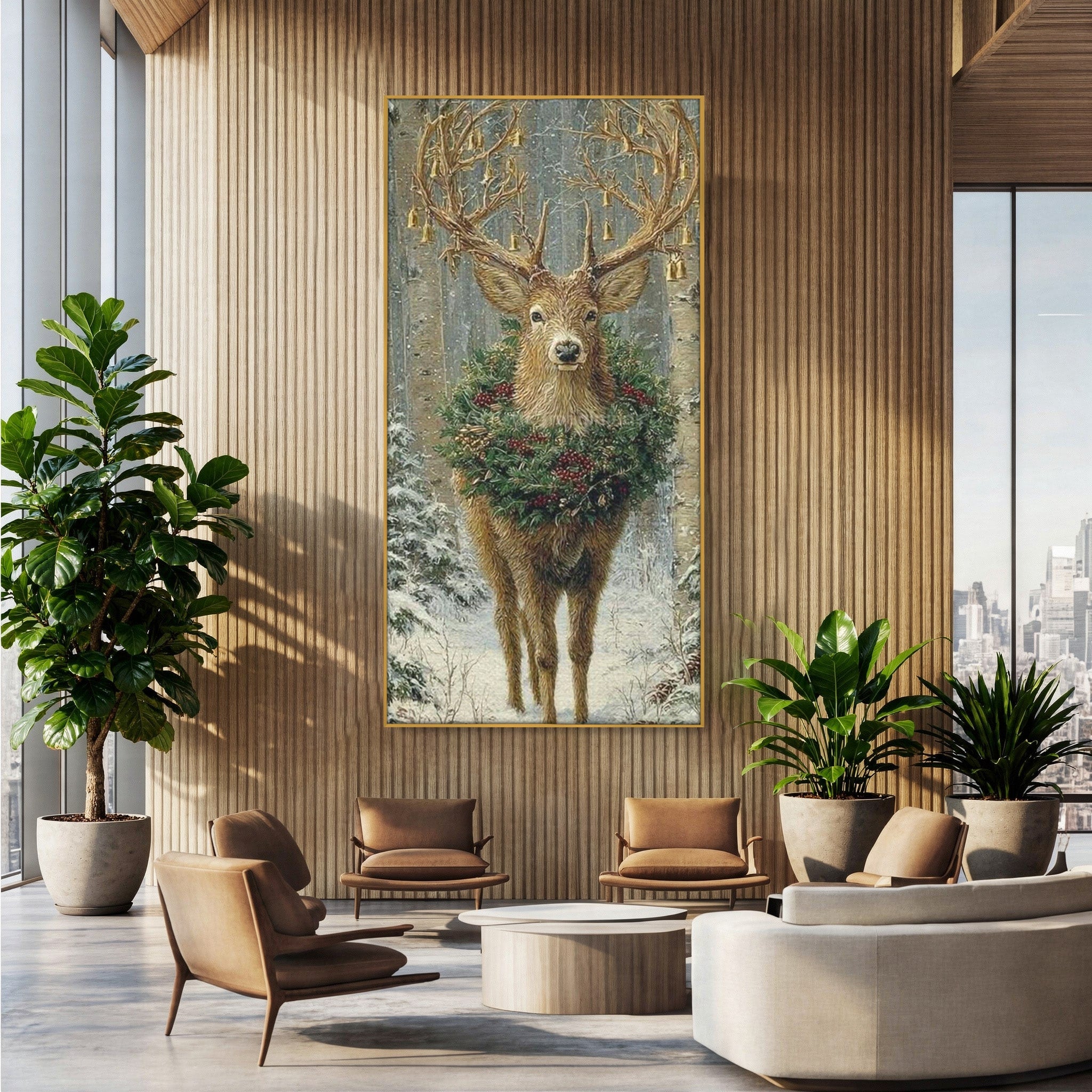 Tablou Canvas Premium LuxCanva® PI1092, Cerbul Impodobit, Salbatic, Animal, Padure, Iarna, Craciun, Living, Dormitor, Culori Vibrante