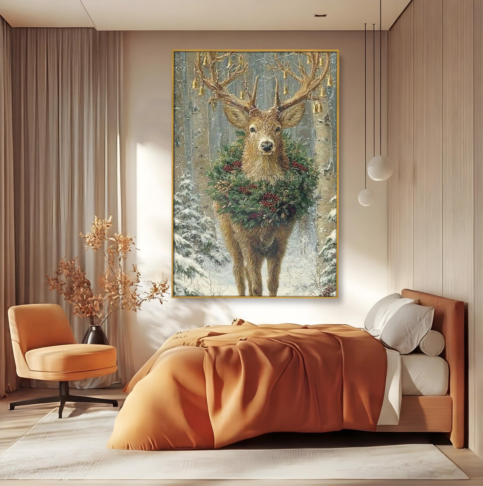Tablou Canvas Premium LuxCanva® PI1092, Cerbul Impodobit, Salbatic, Animal, Padure, Iarna, Craciun, Living, Dormitor, Culori Vibrante
